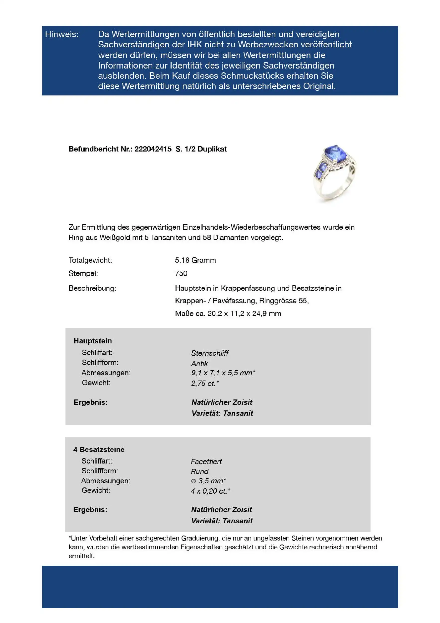 Ring Weißgold mit Brillanten und Tansaniten, mit Befundbericht von EPL Ring Weißgold mit Brillanten und Tansaniten, mit Befundbericht von EPL
