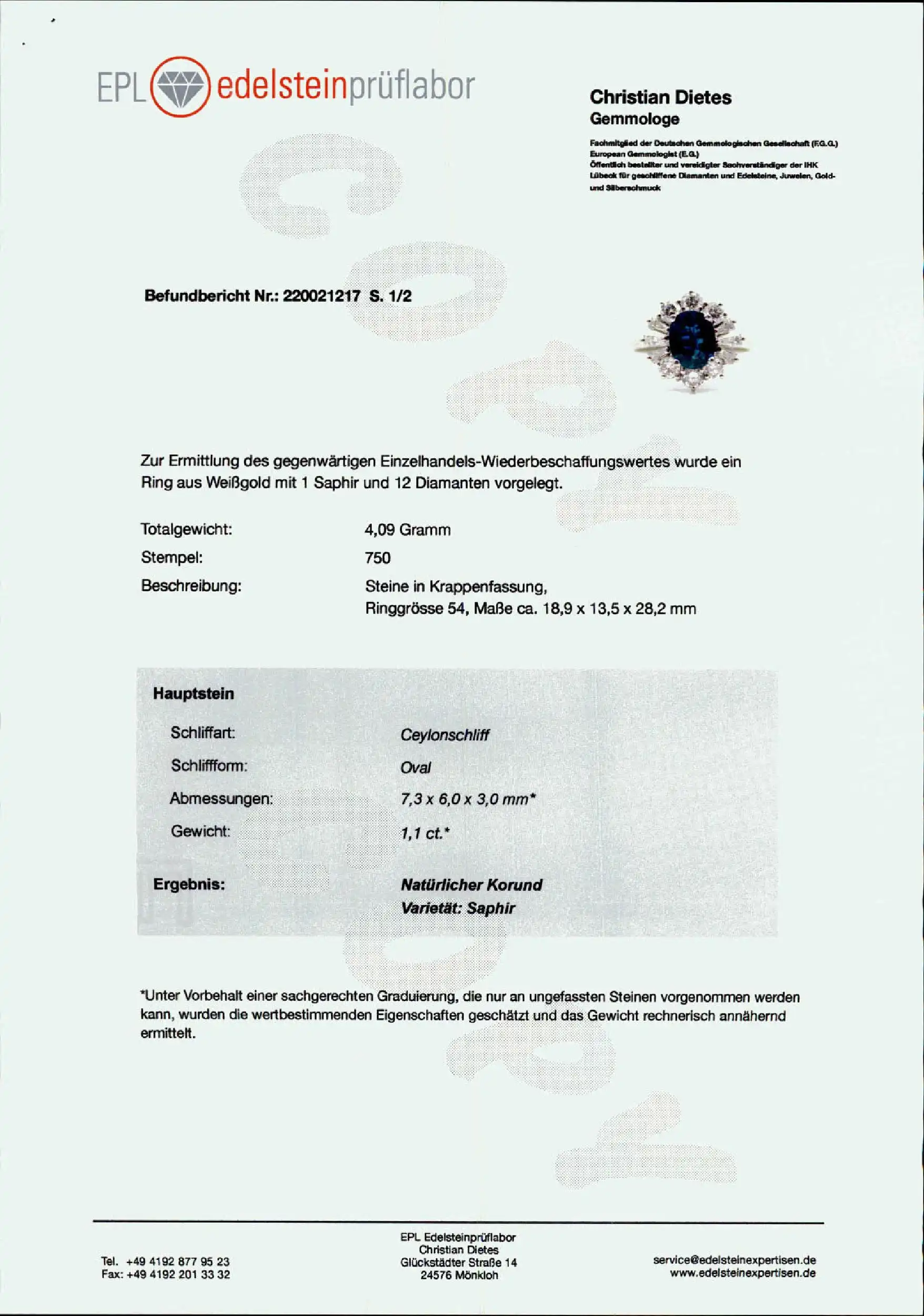 Ring Weißgold mit Saphir, Trapez Diamanten und Brillanten, mit EPL Expertise Ring Weißgold mit Saphir, Trapez Diamanten und Brillanten, mit EPL Expertise