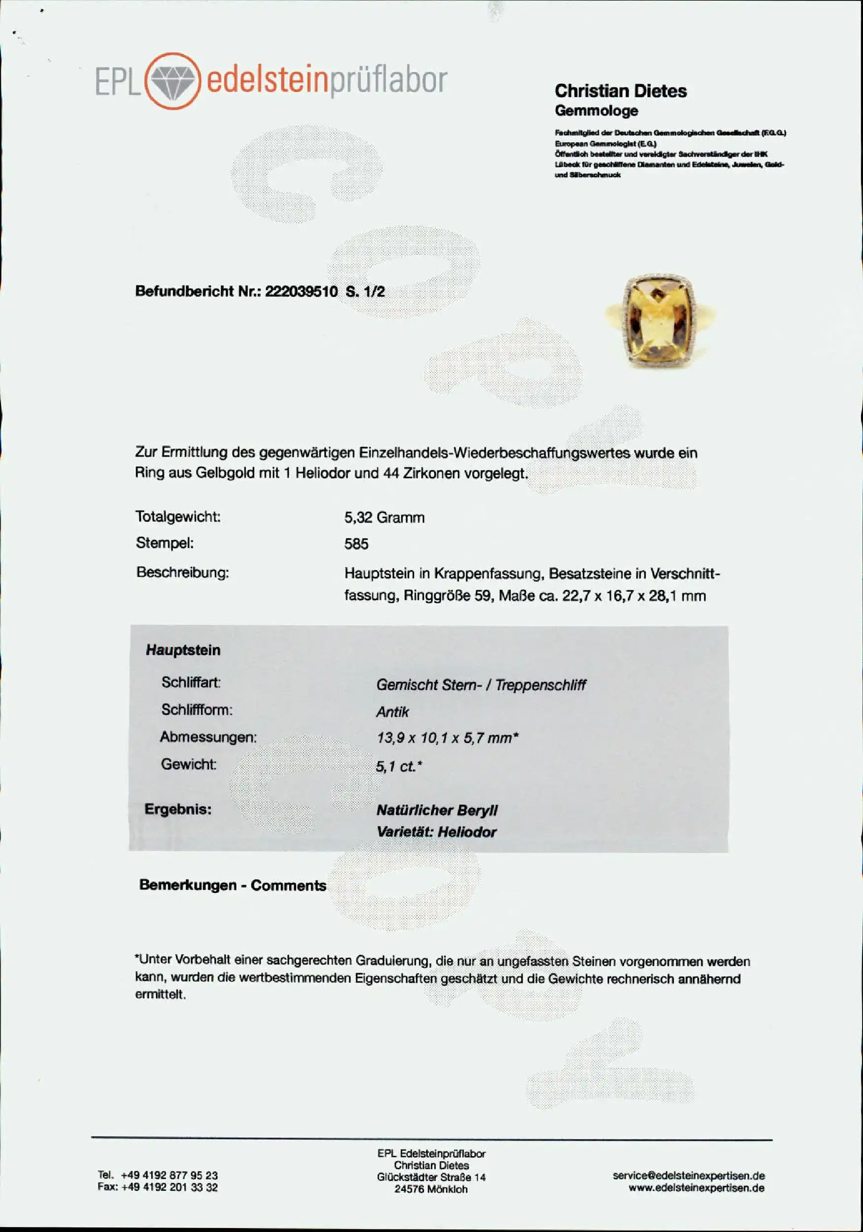 Ring Gelbgold mit Heliodor 5,1ct und weißen natürlichen Zirkonen 0,26ct, mit Expertise von EPL Ring Gelbgold mit Heliodor 5,1ct und weißen natürlichen Zirkonen 0,26ct, mit Expertise von EPL