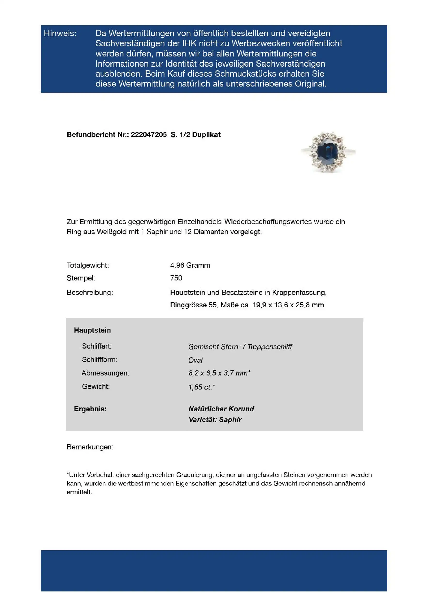 Ring Weißgold mit Saphir und Brillanten, mit Expertise von EPL