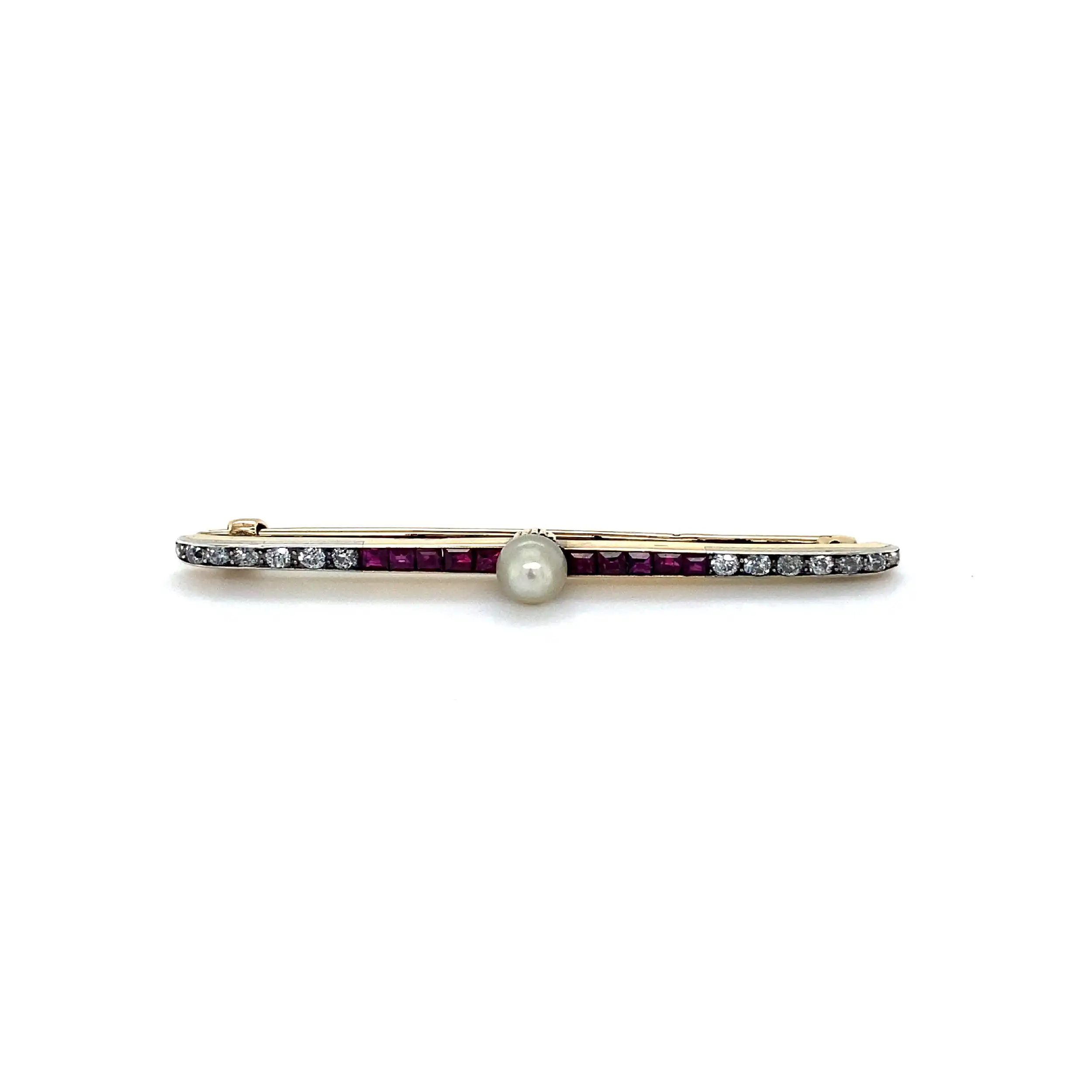 Anstecknadel Bicolor mit Diamanten in Altschliff, rosa Farbsteinen und Perle Anstecknadel Bicolor mit Diamanten in Altschliff, rosa Farbsteinen und Perle