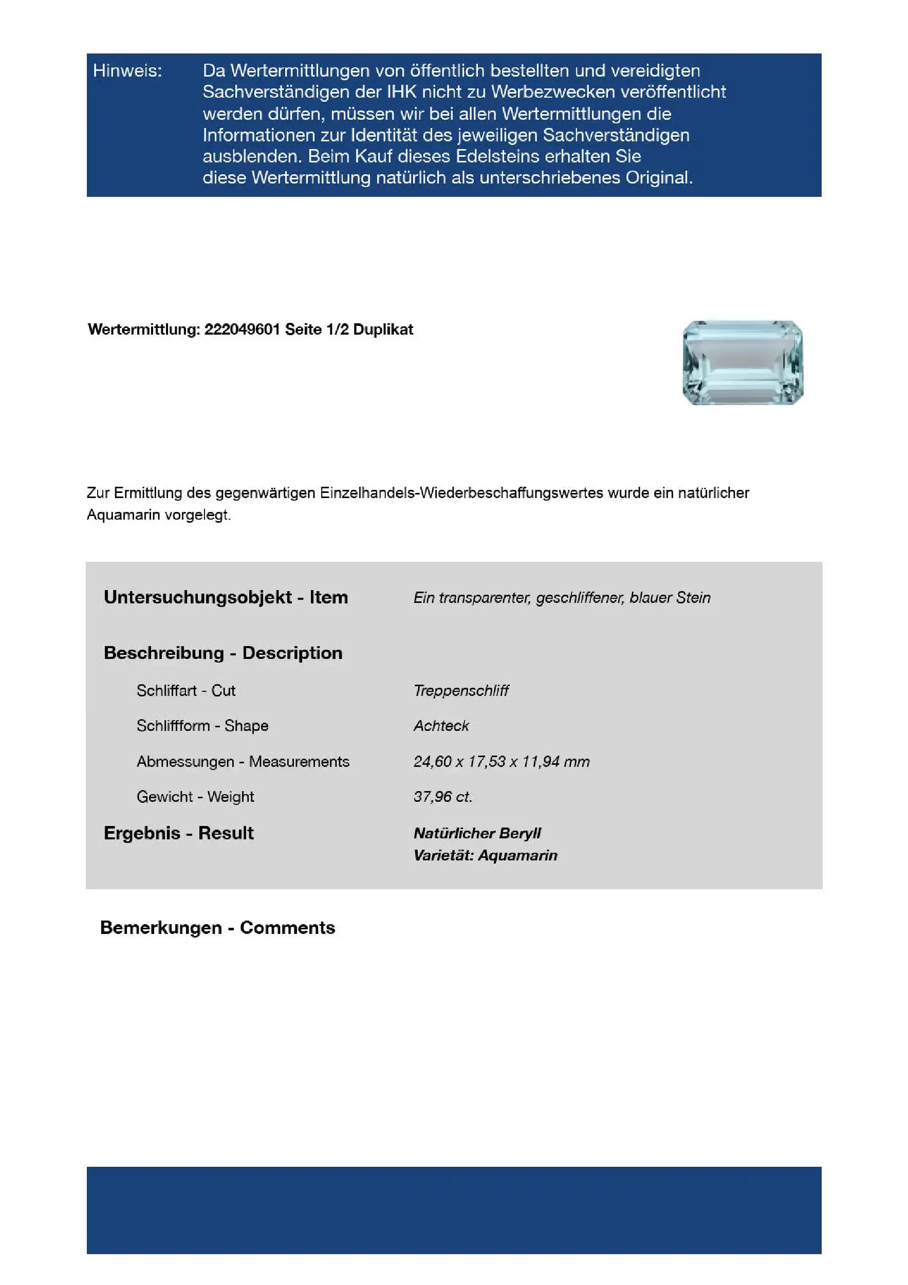 Loser Aquamarin 37,96 ct Treppenschliff mit EPL Expertise Loser Aquamarin 37,96 ct Treppenschliff mit EPL Expertise