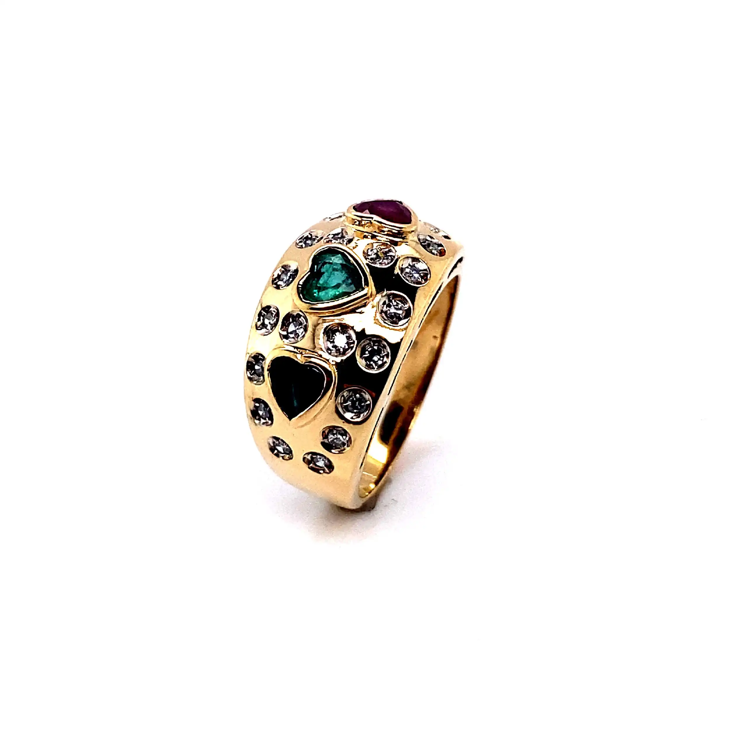 Ring Gelbgold mit Diamanten und Saphir, Rubin, Smaragd