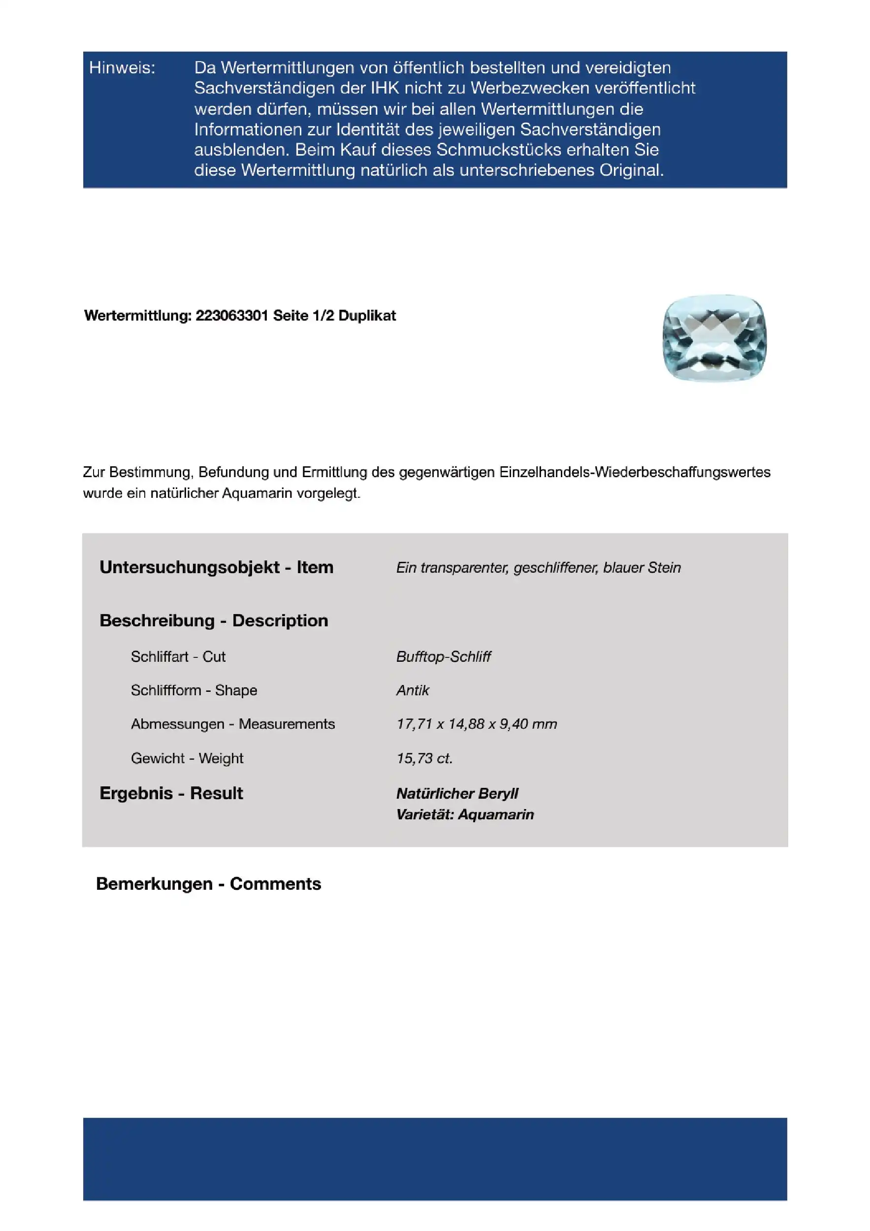 Aquamarin mit Expertise von EPL Aquamarin mit Expertise von EPL