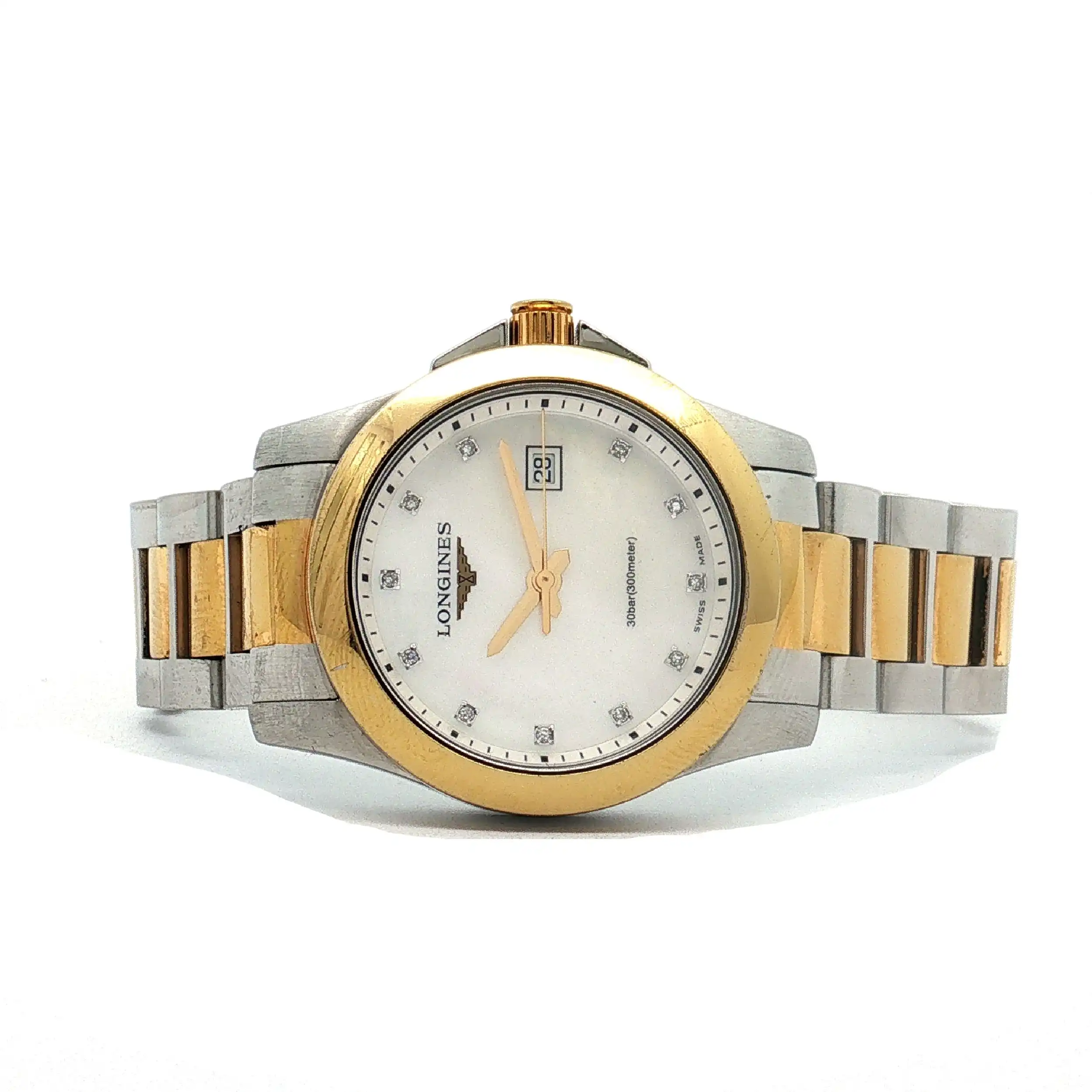 Damenuhr Longines Conquest vergoldet mit Brillanten mit Box und Papieren Damenuhr Longines Conquest vergoldet mit Brillanten mit Box und Papieren