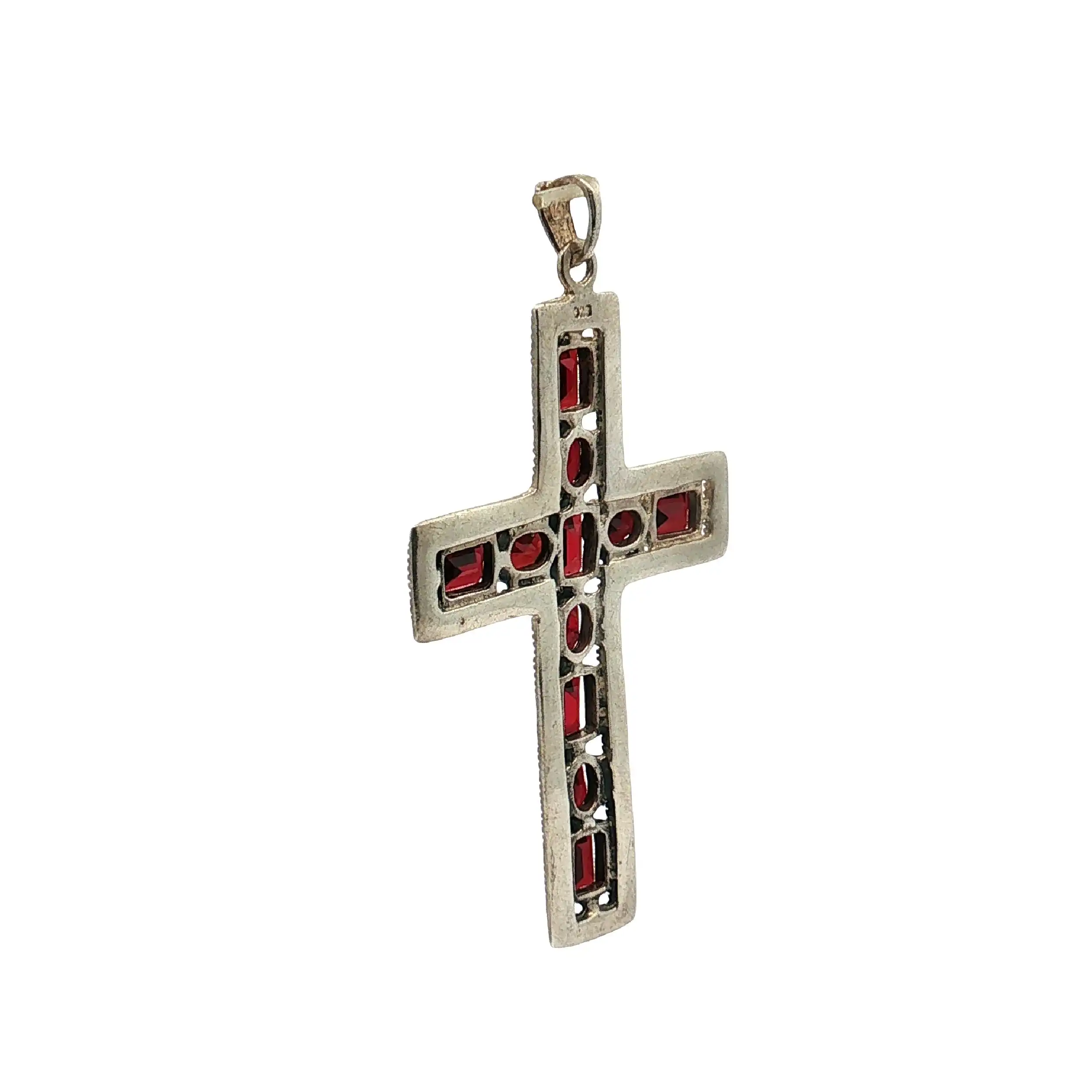Kreuz Anhänger mit roten Steinen und Markasit