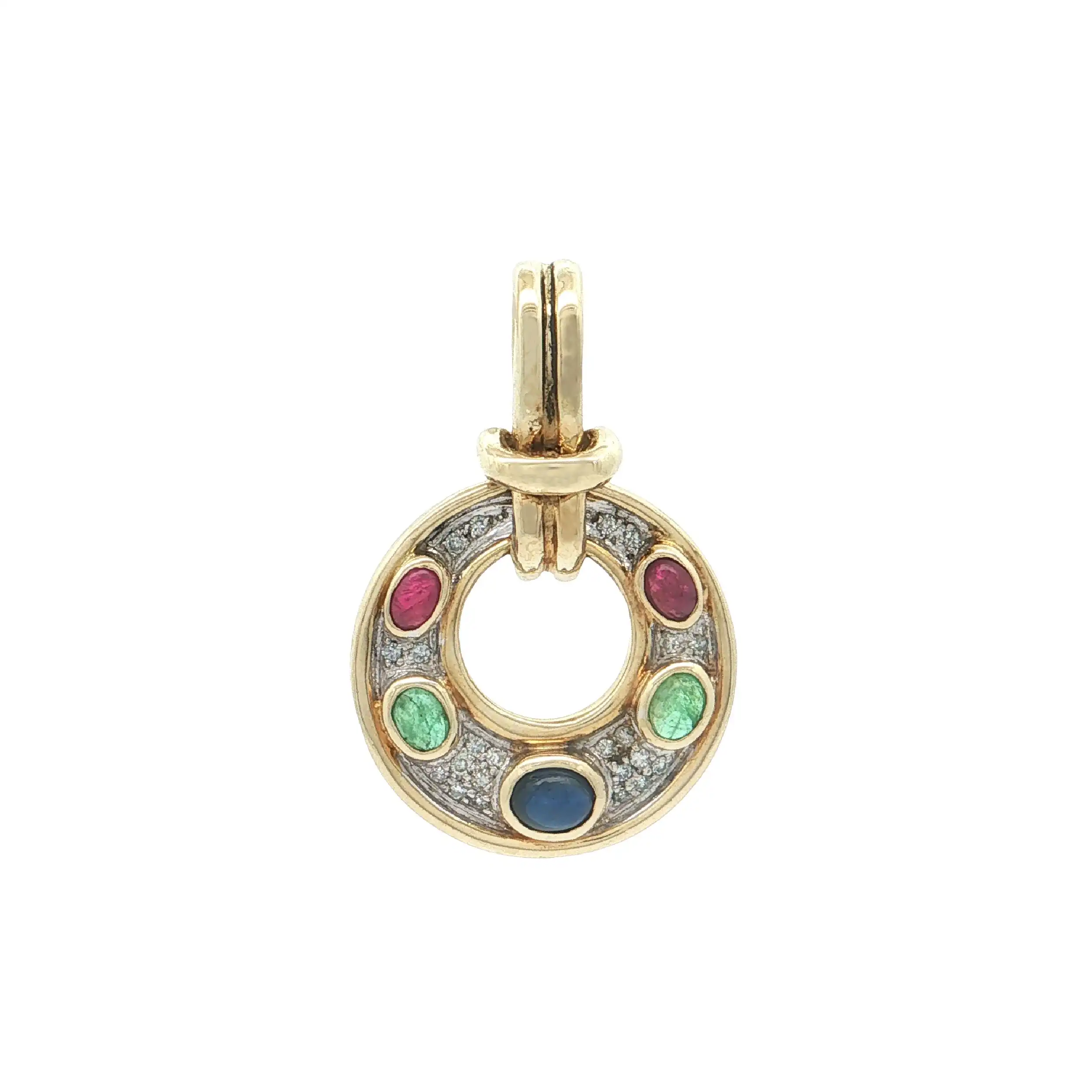 Anhänger Gelbgold mit Saphir, Smaragden und Rubinen im Cabouchonschliff mit Brillanten Anhänger Gelbgold mit Saphir, Smaragden und Rubinen im Cabouchonschliff mit Brillanten