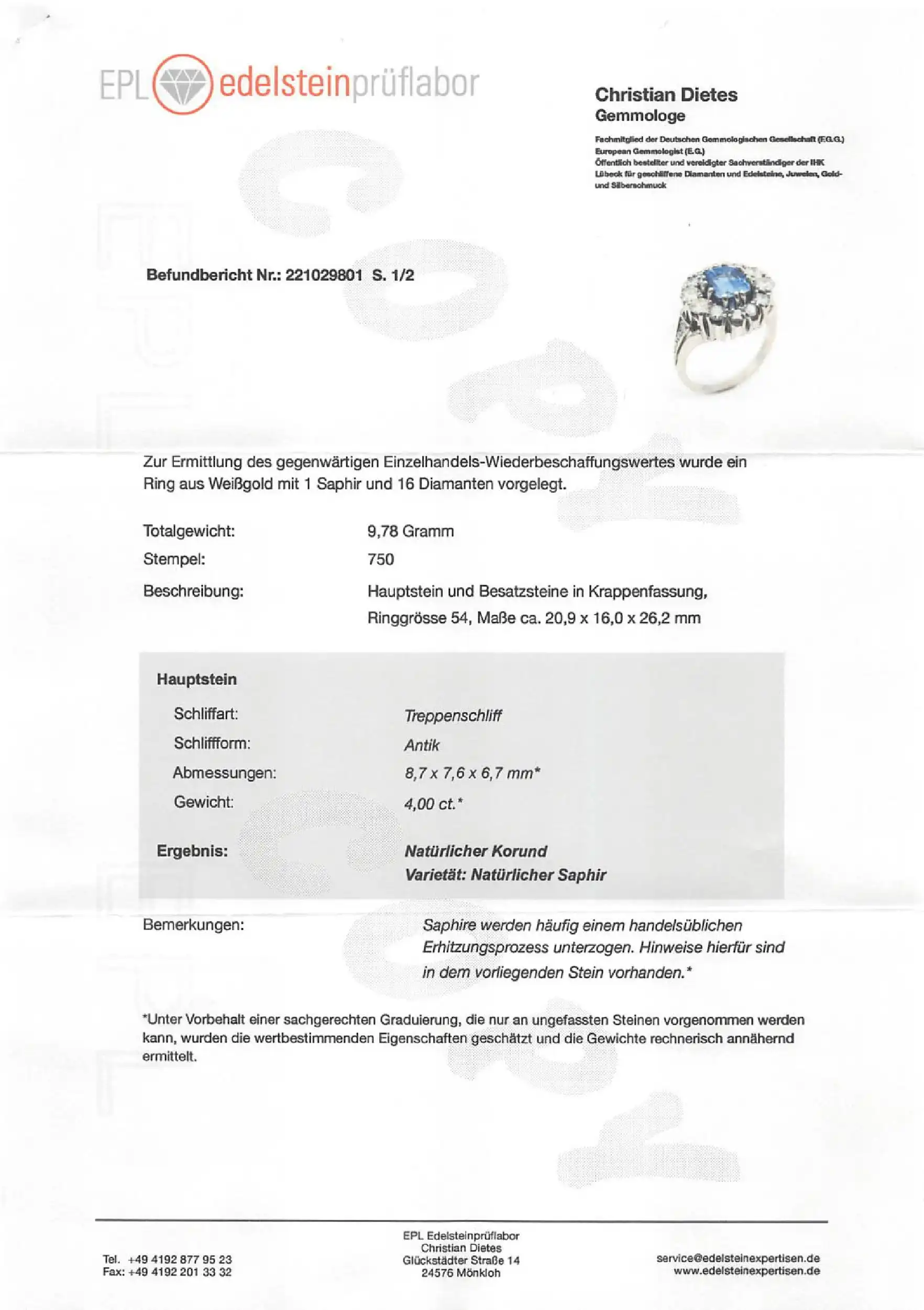 Ring Weißgold mit Saphir, Diamanten und Brillanten, mit EPL Expertise