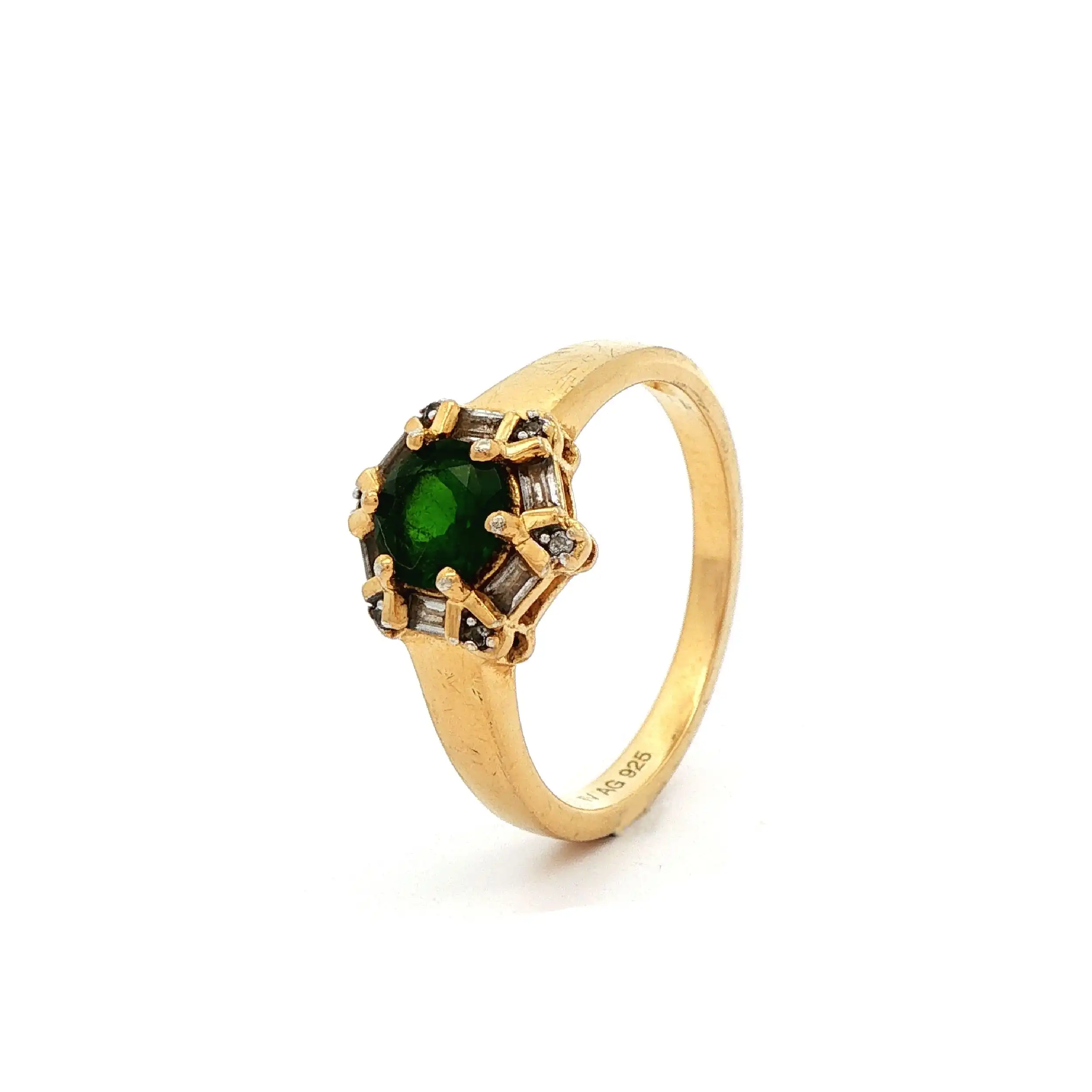 Ring Silber vergoldet mit Zirkonia und grünem Farbstein