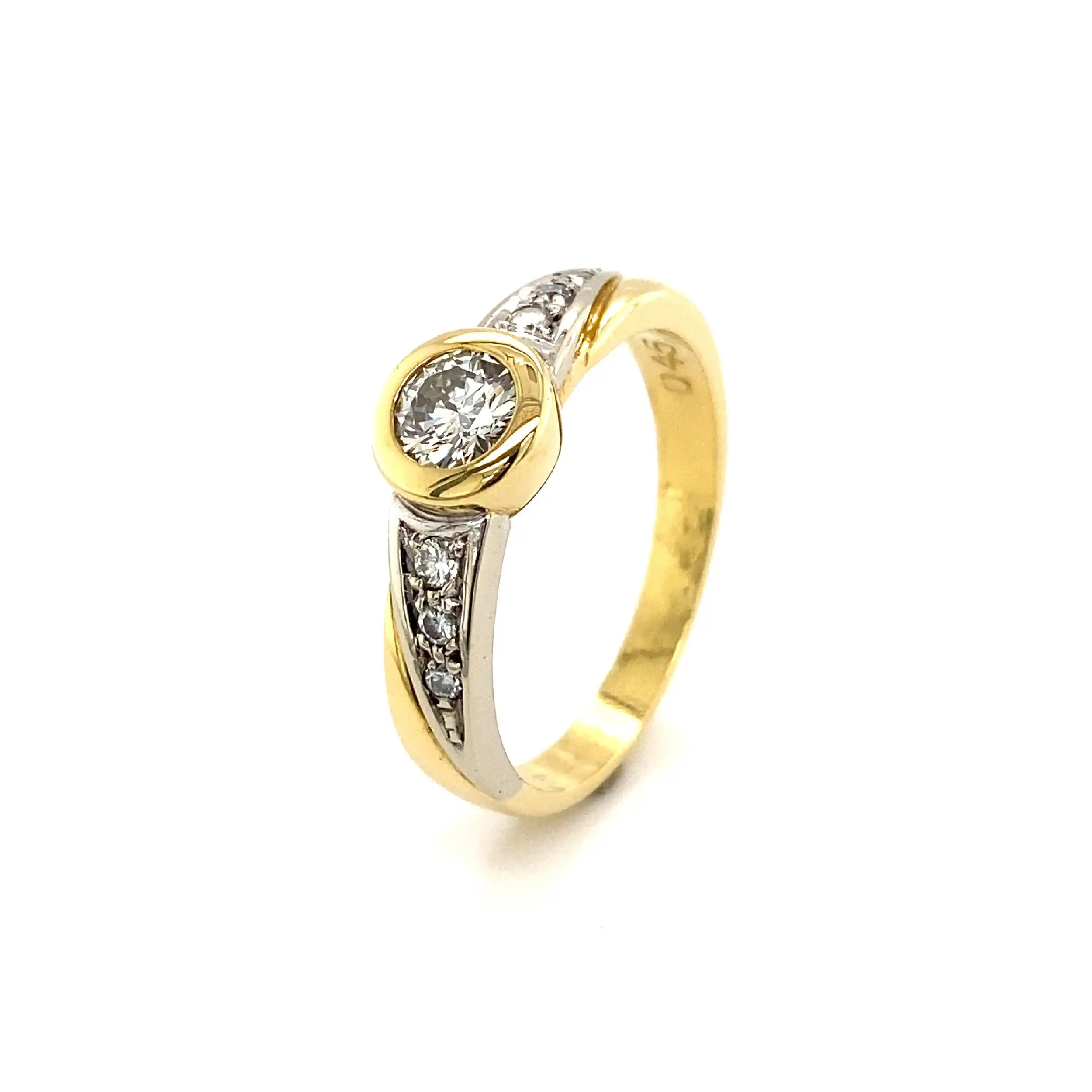 Ring Bicolor mit Brillant-Solitär & Melée-Besatz, graviert mit 0,45ct.