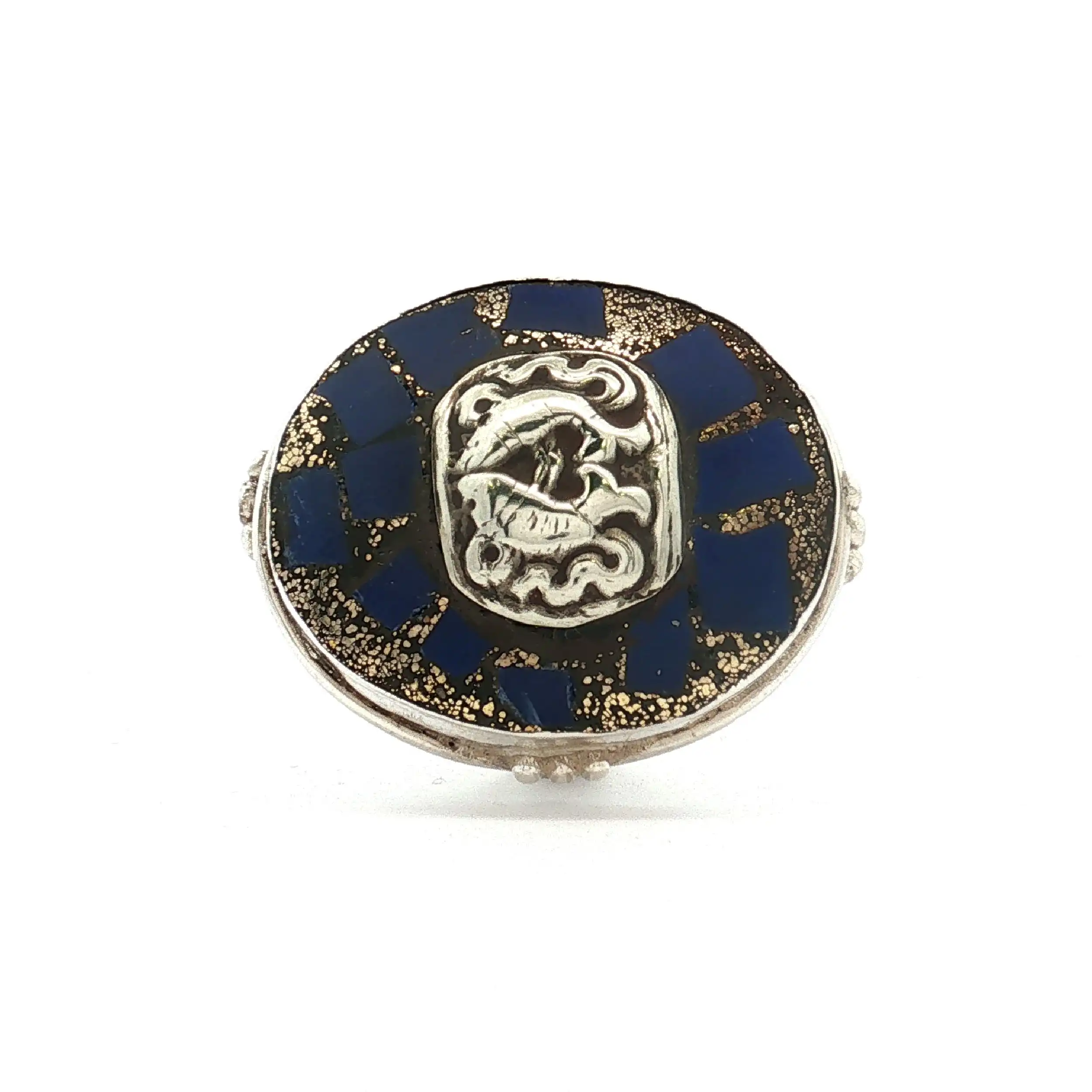 Ring Silber mit Fischemblem und blauen Steinen