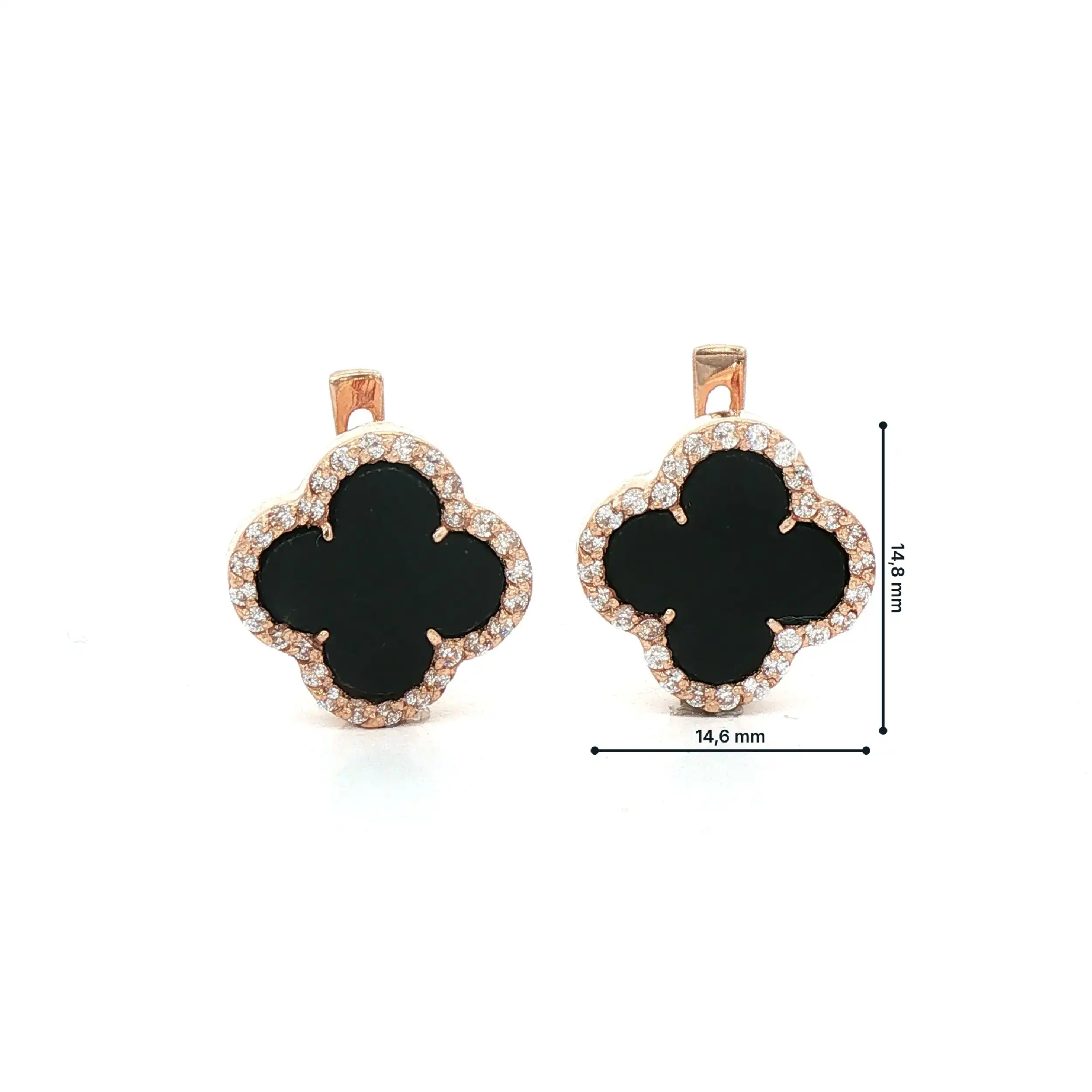 Ohrstecker Rosegold Kleeblatt mit Onyx und Zirkonia