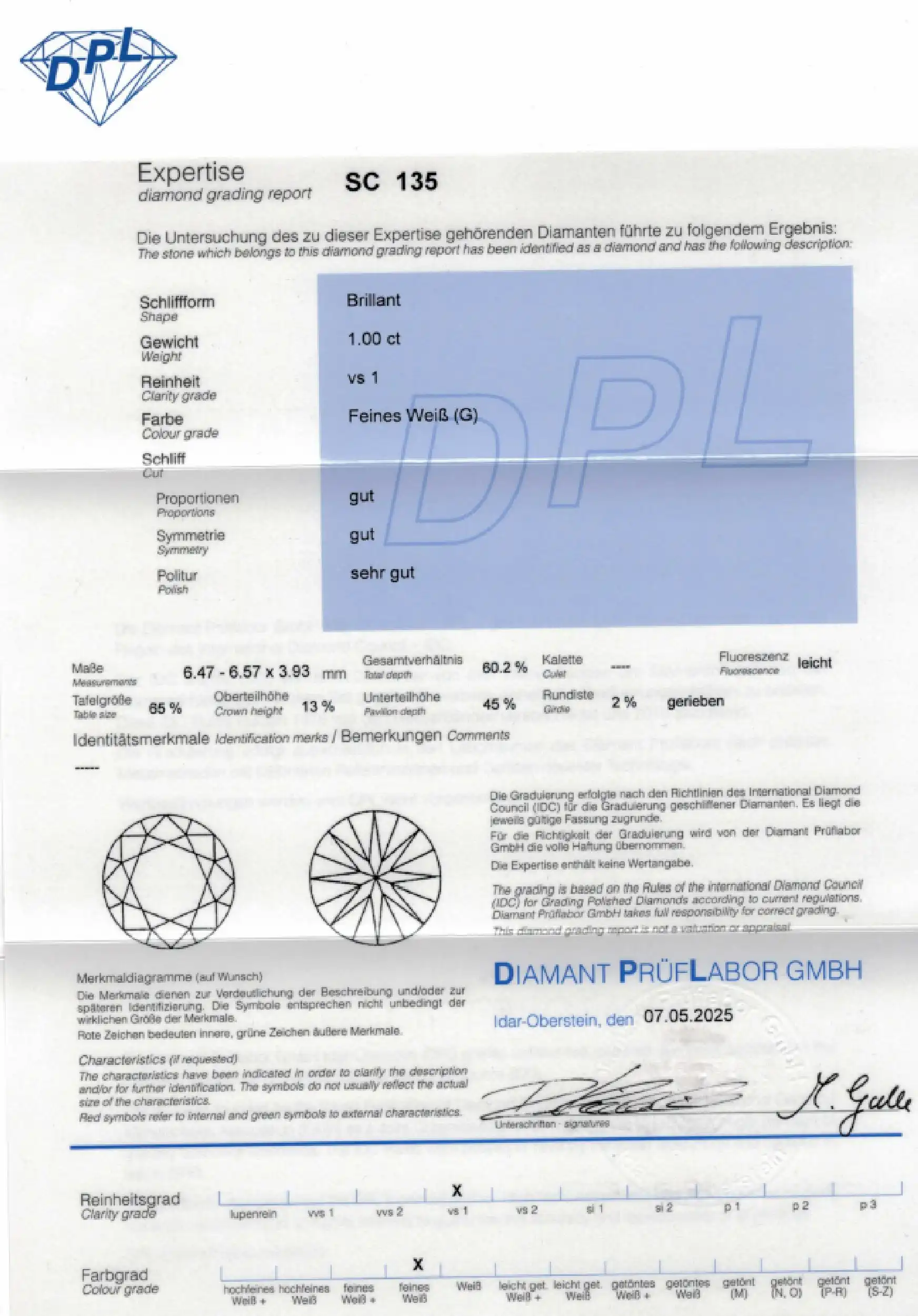 Loser Brillant 1,00 G/Vs1, mit DPL Expertise Loser Brillant 1,00 G/Vs1, mit DPL Expertise