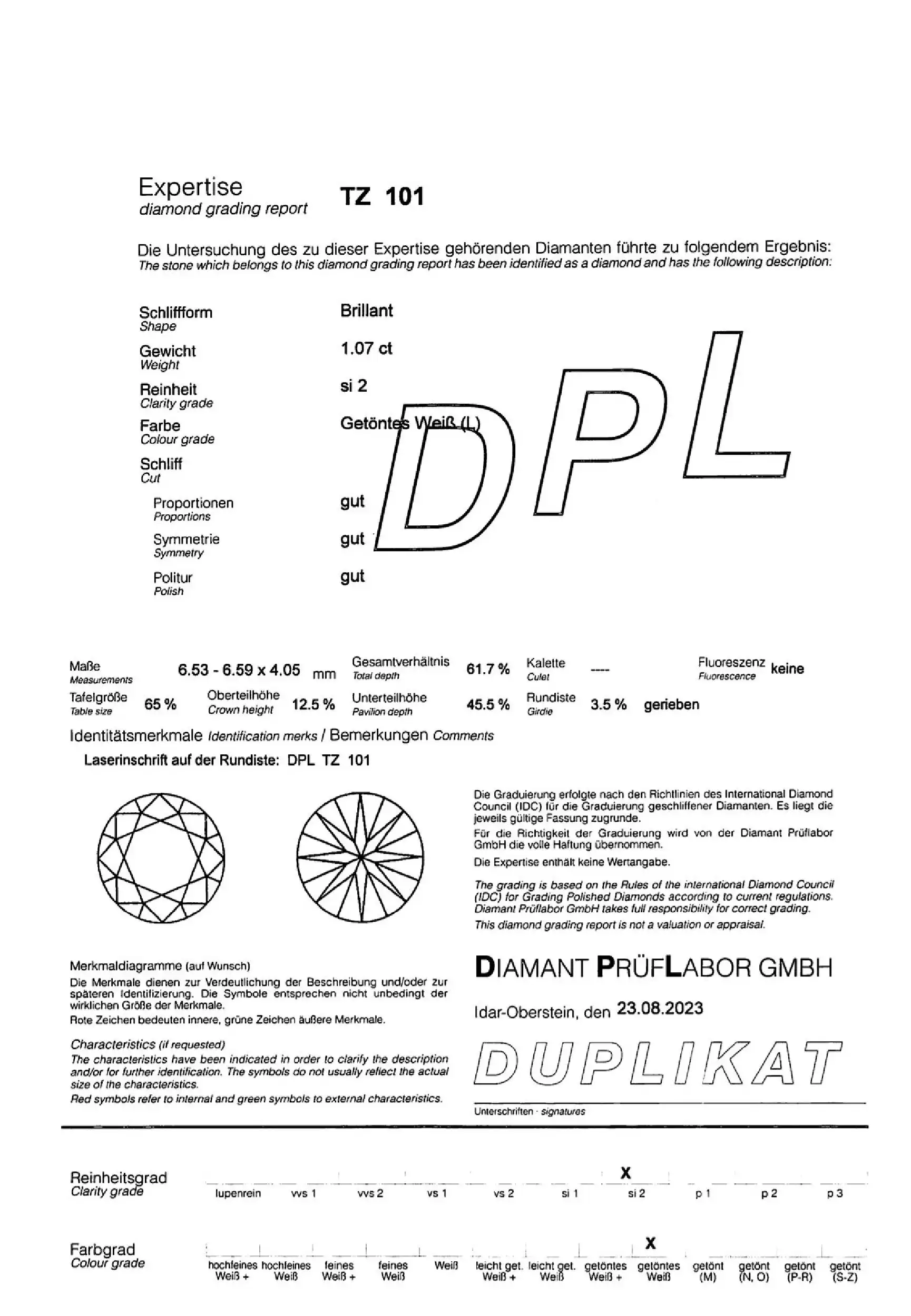 Loser Brillant 1,07ct L/SI2 G/G/G, eingeschweißt mit Expertise von DPL Loser Brillant 1,07ct L/SI2 G/G/G, eingeschweißt mit Expertise von DPL