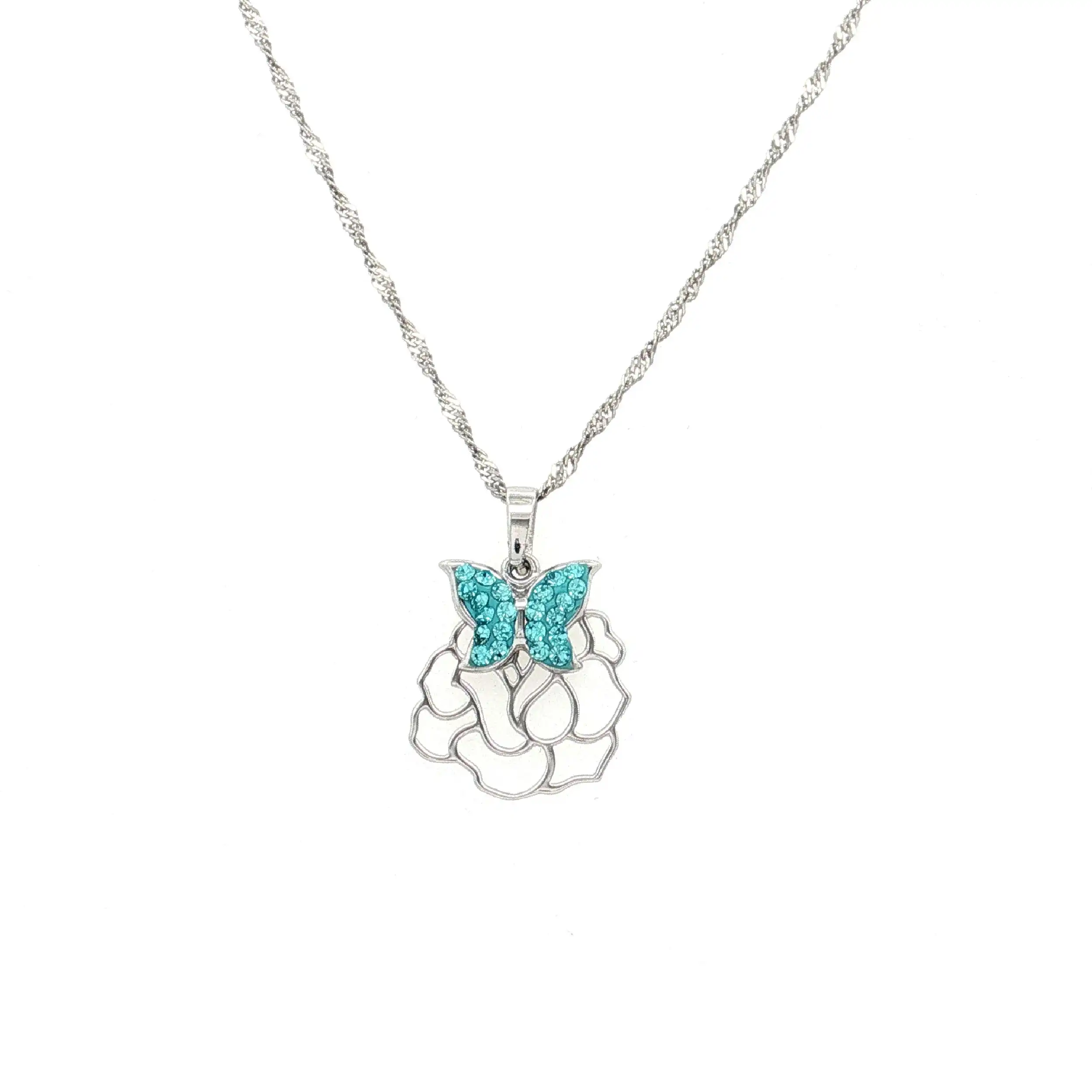 Singapurkette Silber mit Blume und Schmetterling mit türkisem Zirkonia