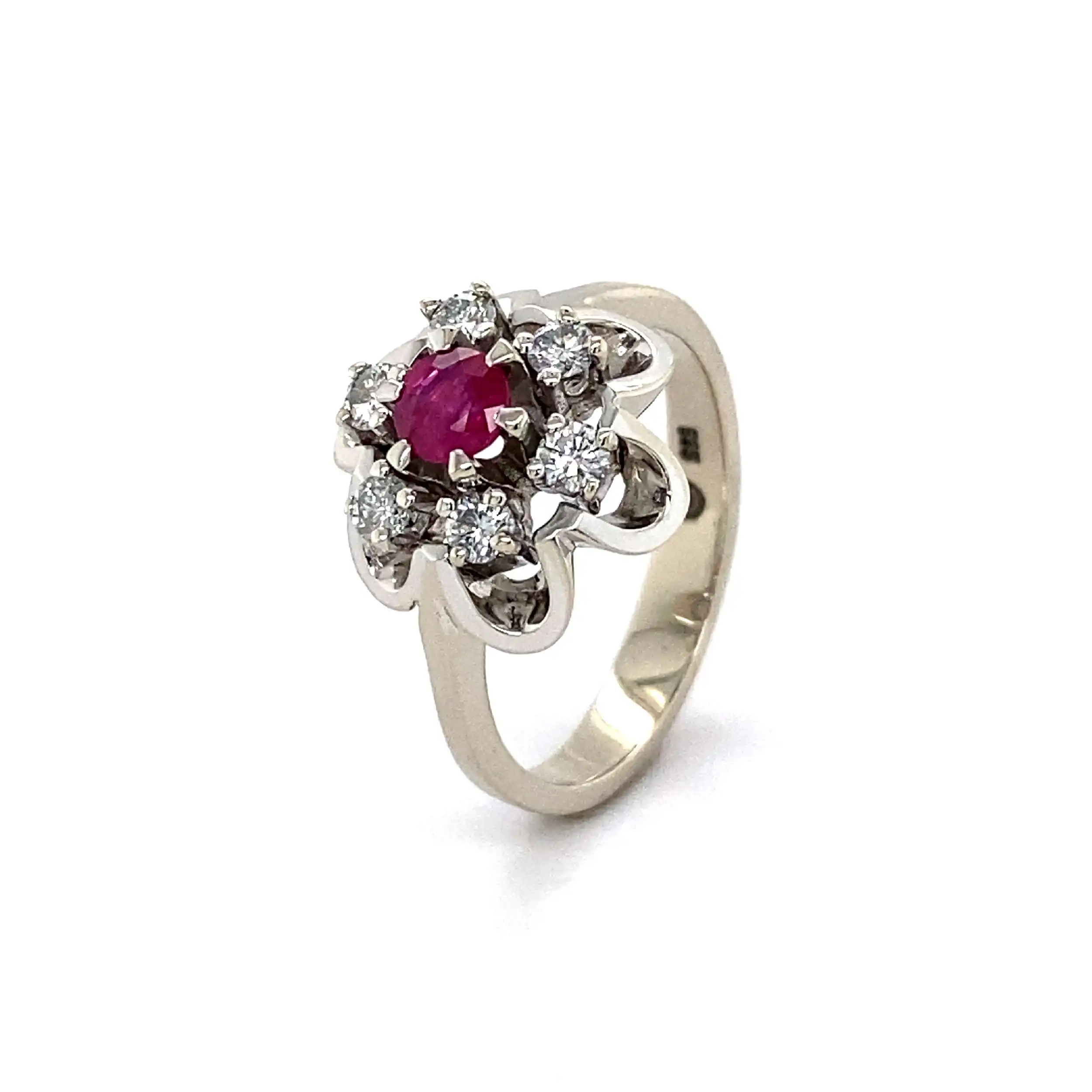Ring Weißgold mit rotem Farbstein und Brillanten Ring Weißgold mit rotem Farbstein und Brillanten
