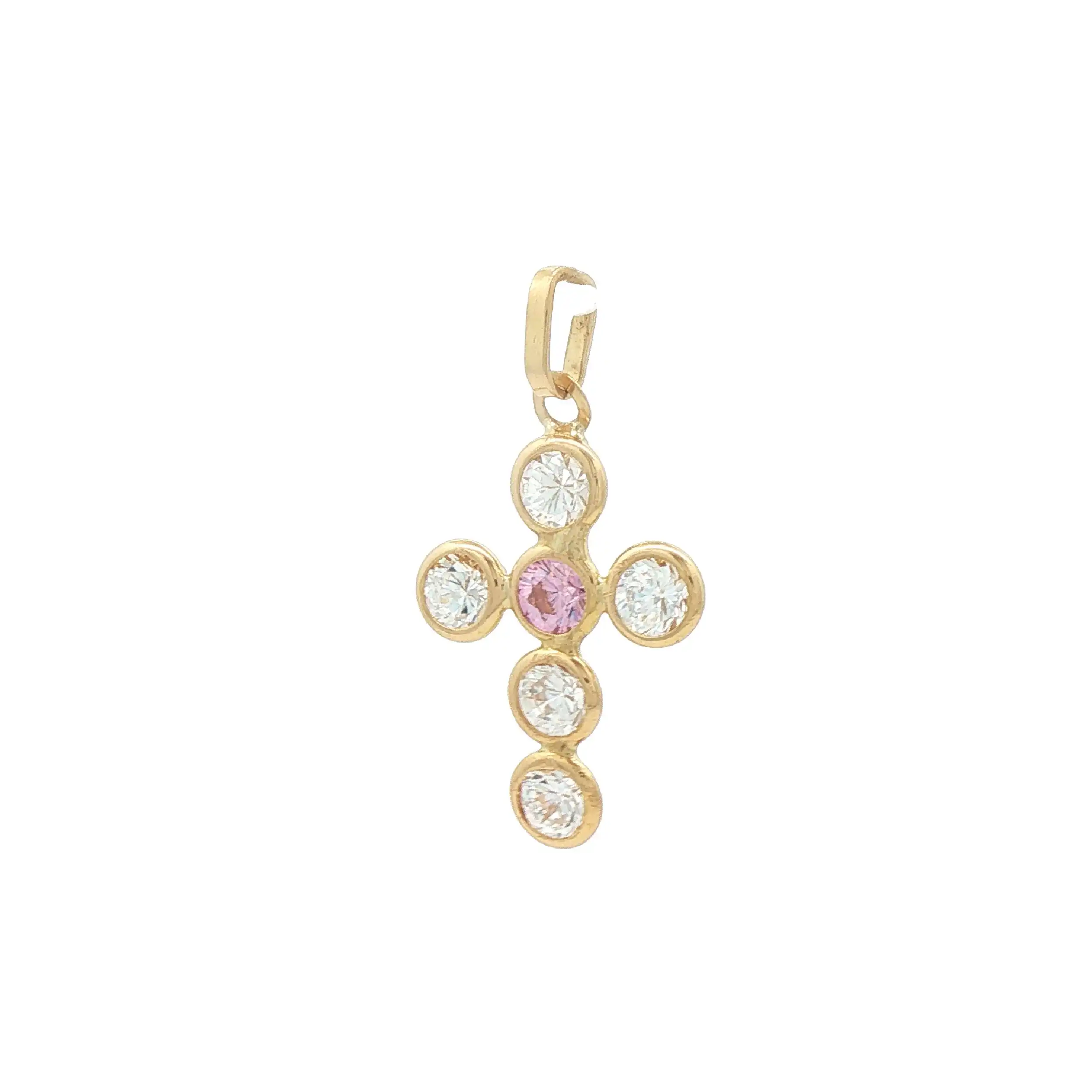 Kreuzanhänger Gelbgold mit Zirkonia und Rosa Stein