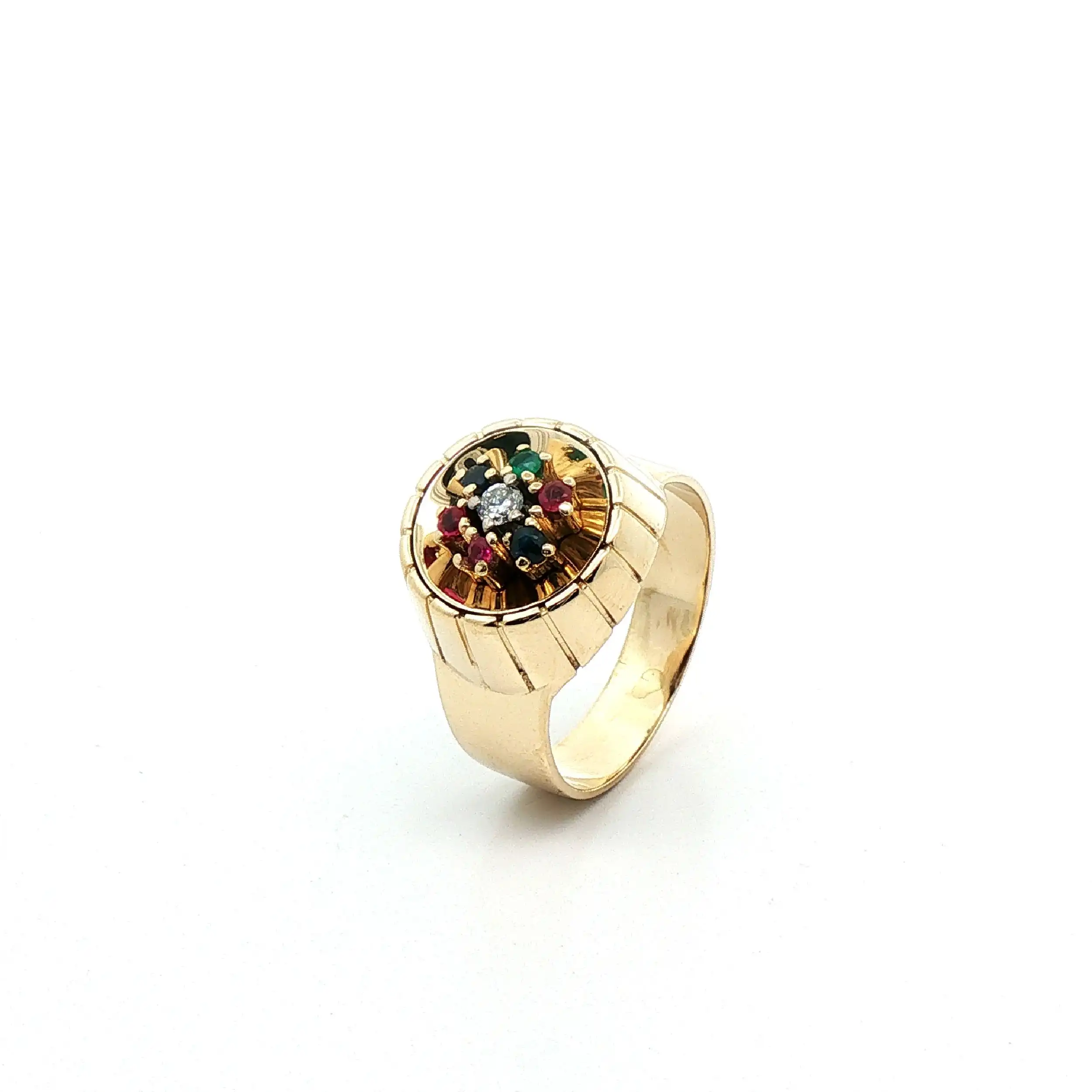 Ring Gelbgold mit Brillant, Smaragd und Rubin sowie Saphir