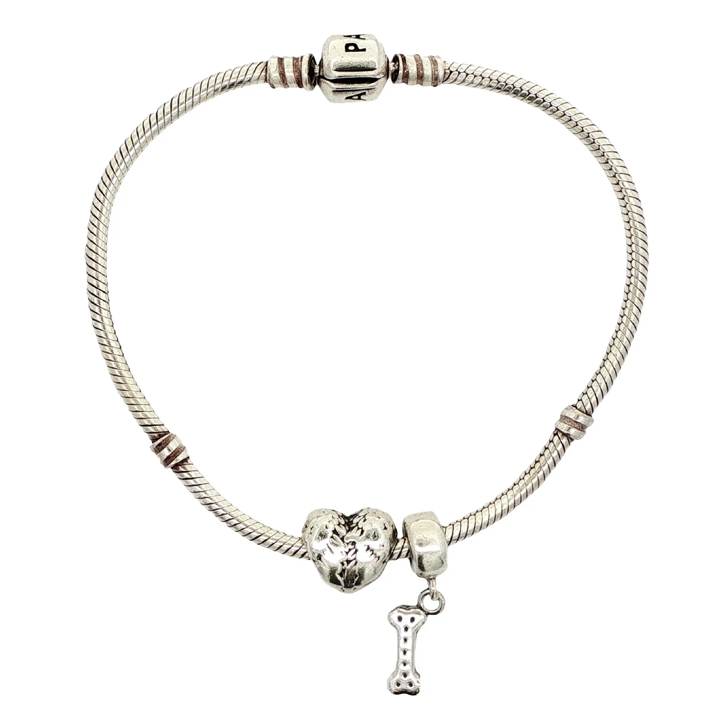Armband Silber Pandora mit Charms, Herz & Knochen