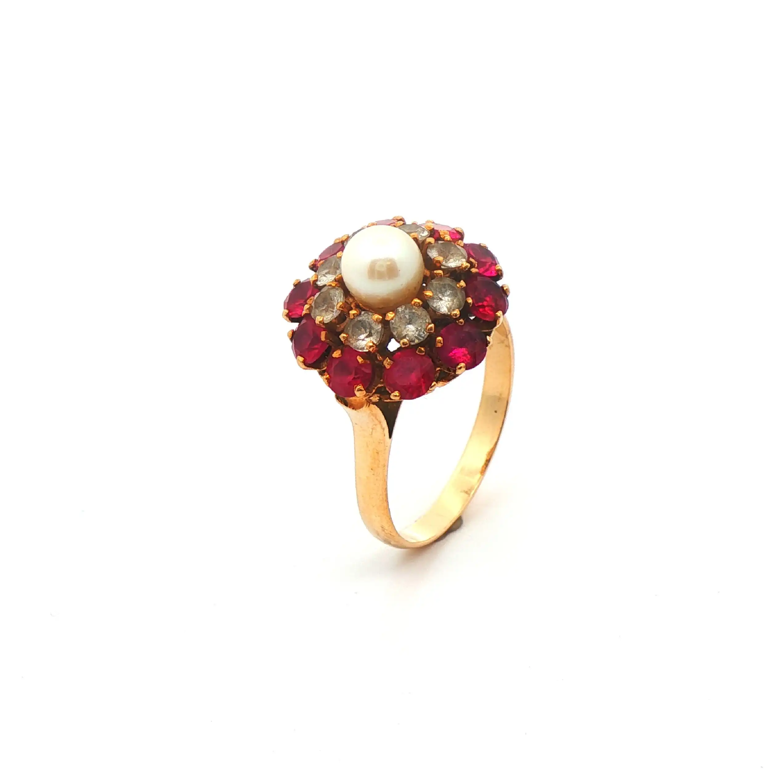 Ring Gelbgold mit Perle und weiß/rote Farbsteine Ring Gelbgold mit Perle und weiß/rote Farbsteine