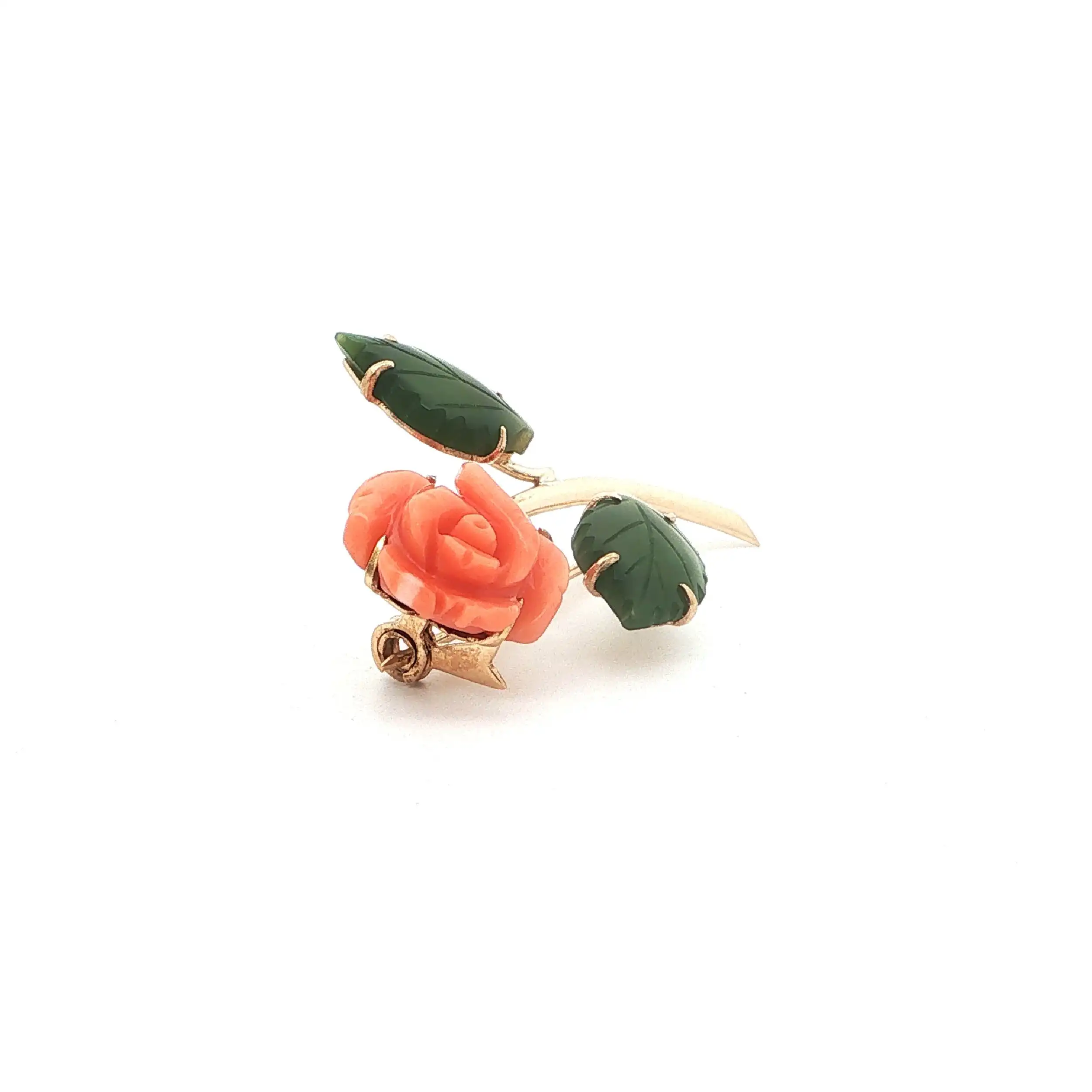 Nadel Gelbgold "Rose" mit Koralle & Nephrit-Jade Nadel Gelbgold "Rose" mit Koralle & Nephrit-Jade