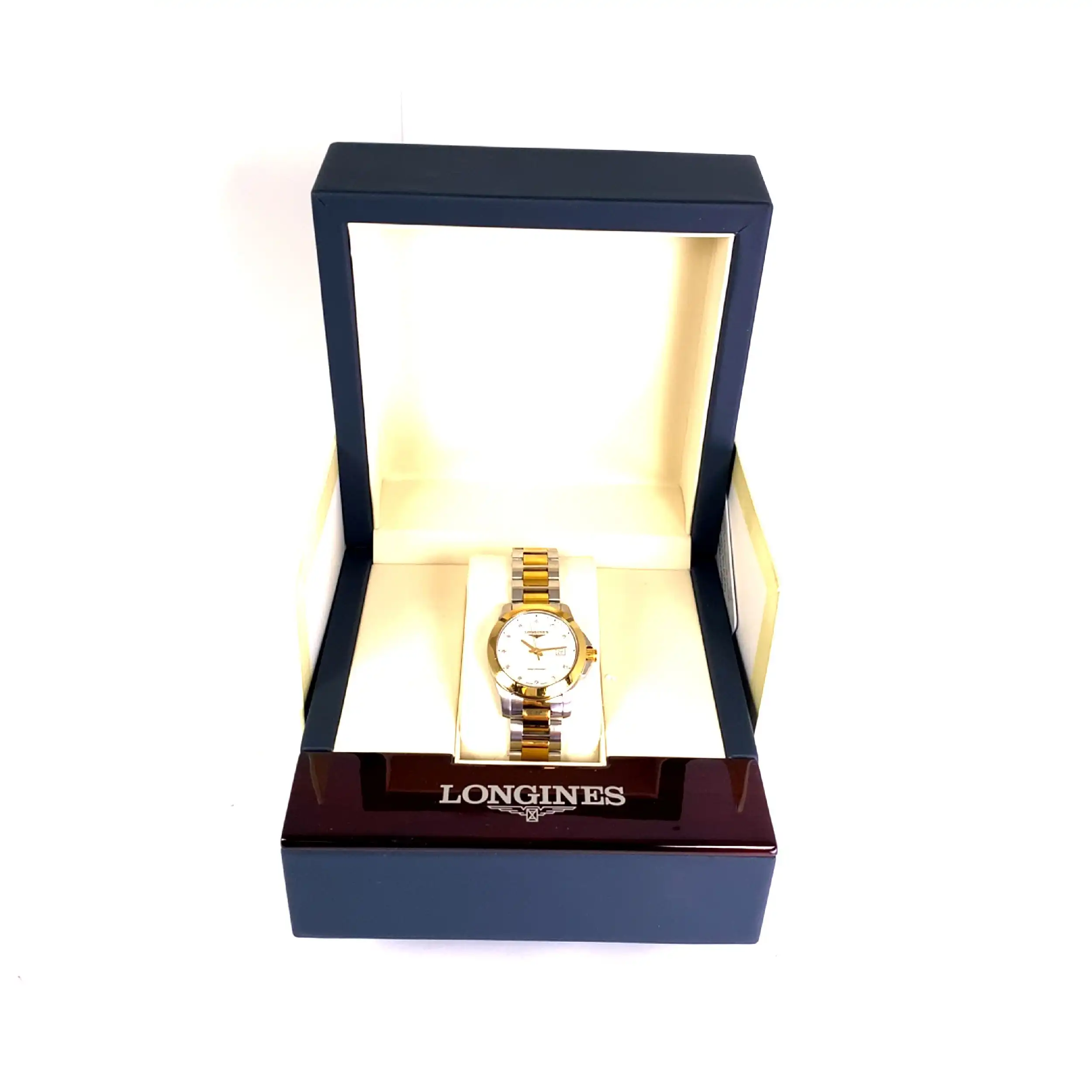 Damenuhr Longines Conquest vergoldet mit Brillanten mit Box und Papieren Damenuhr Longines Conquest vergoldet mit Brillanten mit Box und Papieren