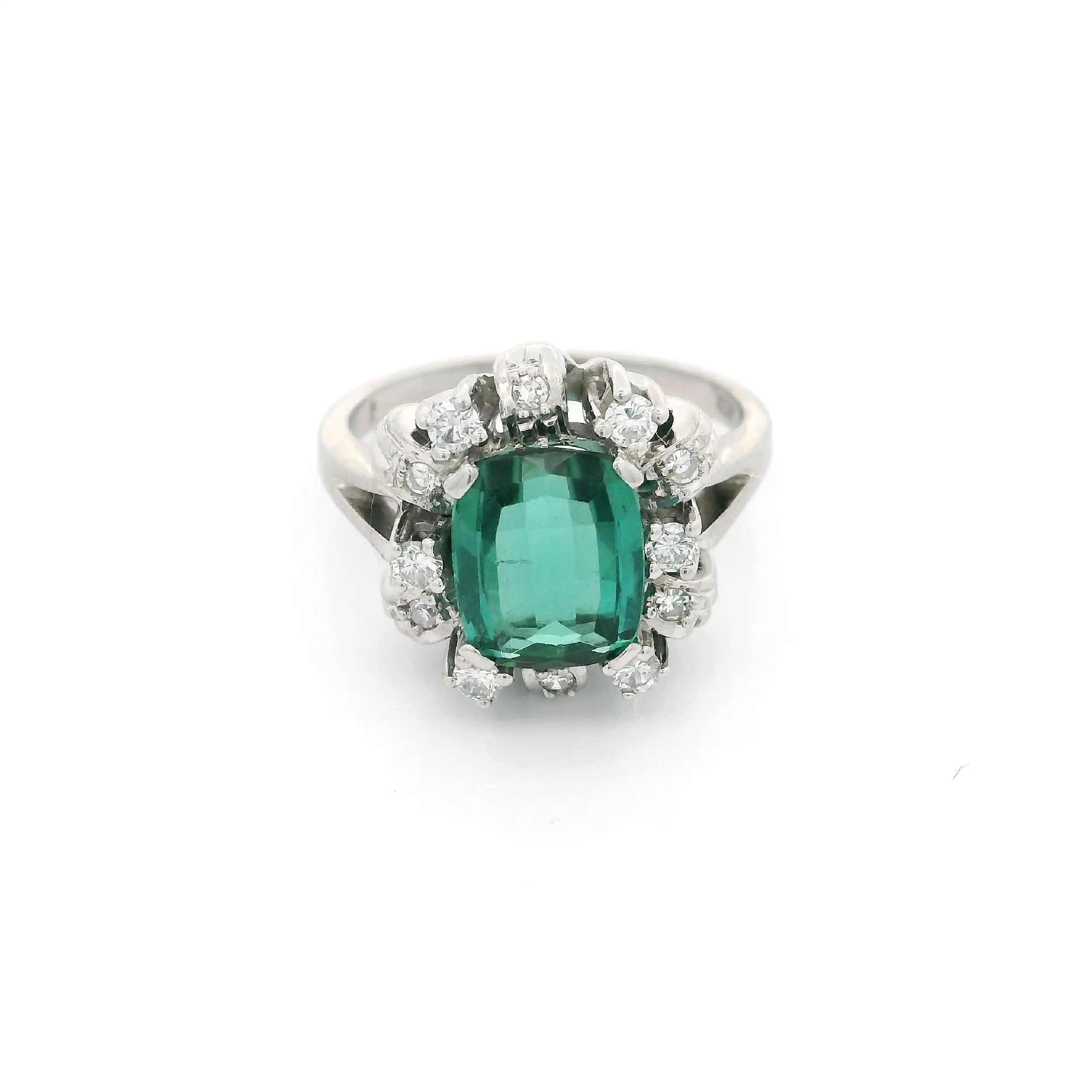 Ring Weißgold mit Diamanten, Brillanten und grünem Farbstein