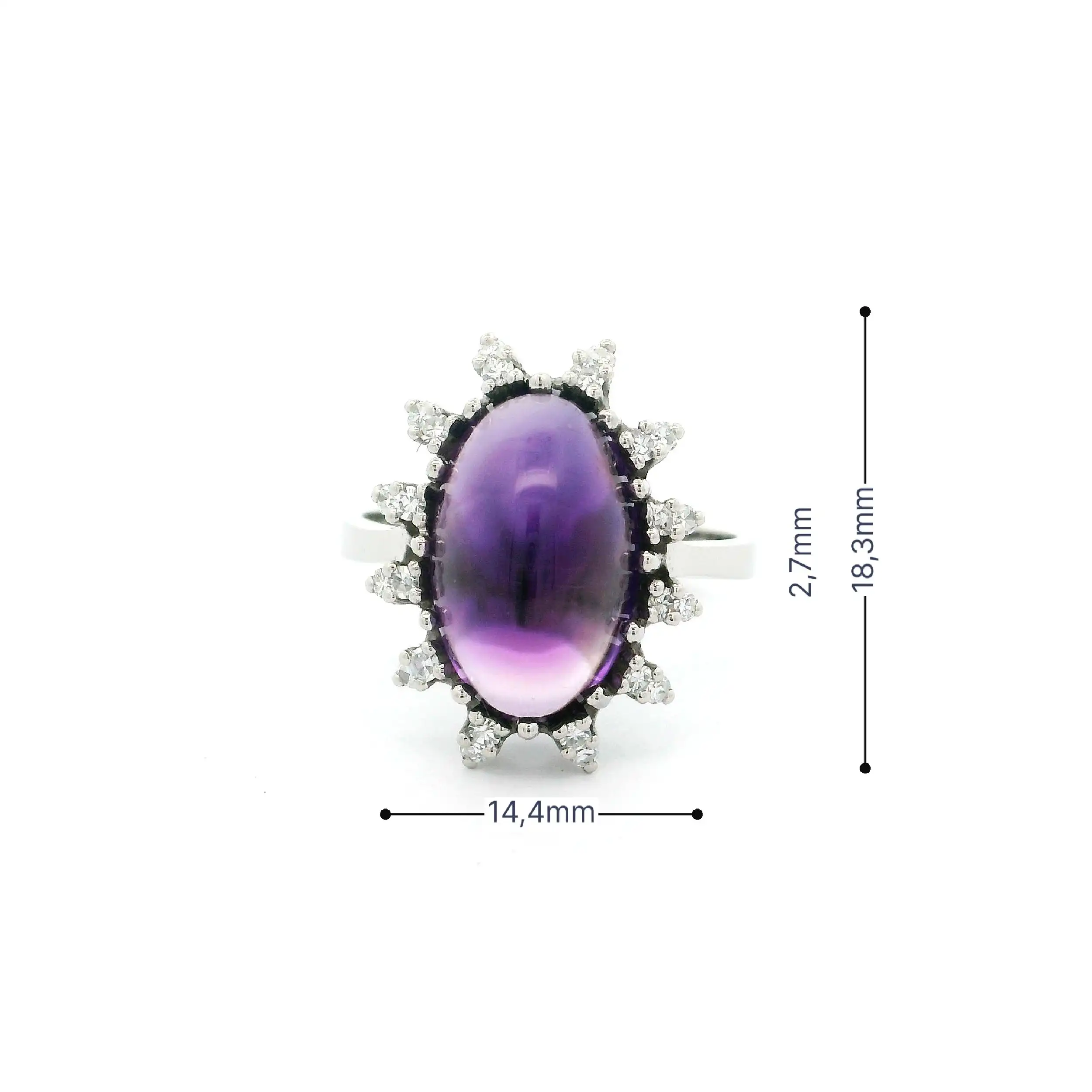 Ring Weißgold mit lila Carbochonstein & Diamanten, graviert mit 0,24ct.