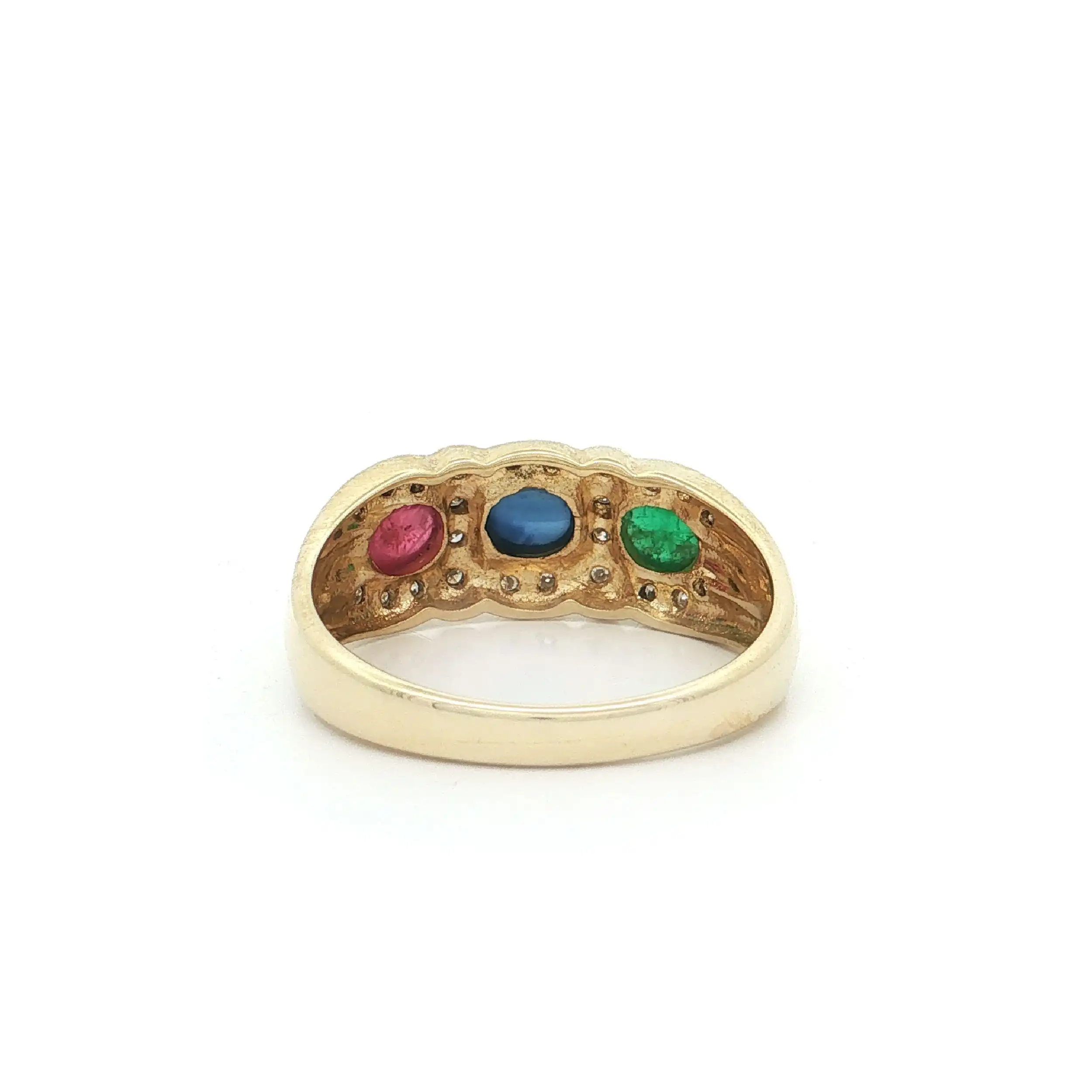 Ring Gelbgold mit Brillanten, Saphir-, Rubin- und Smaragd Cabochon