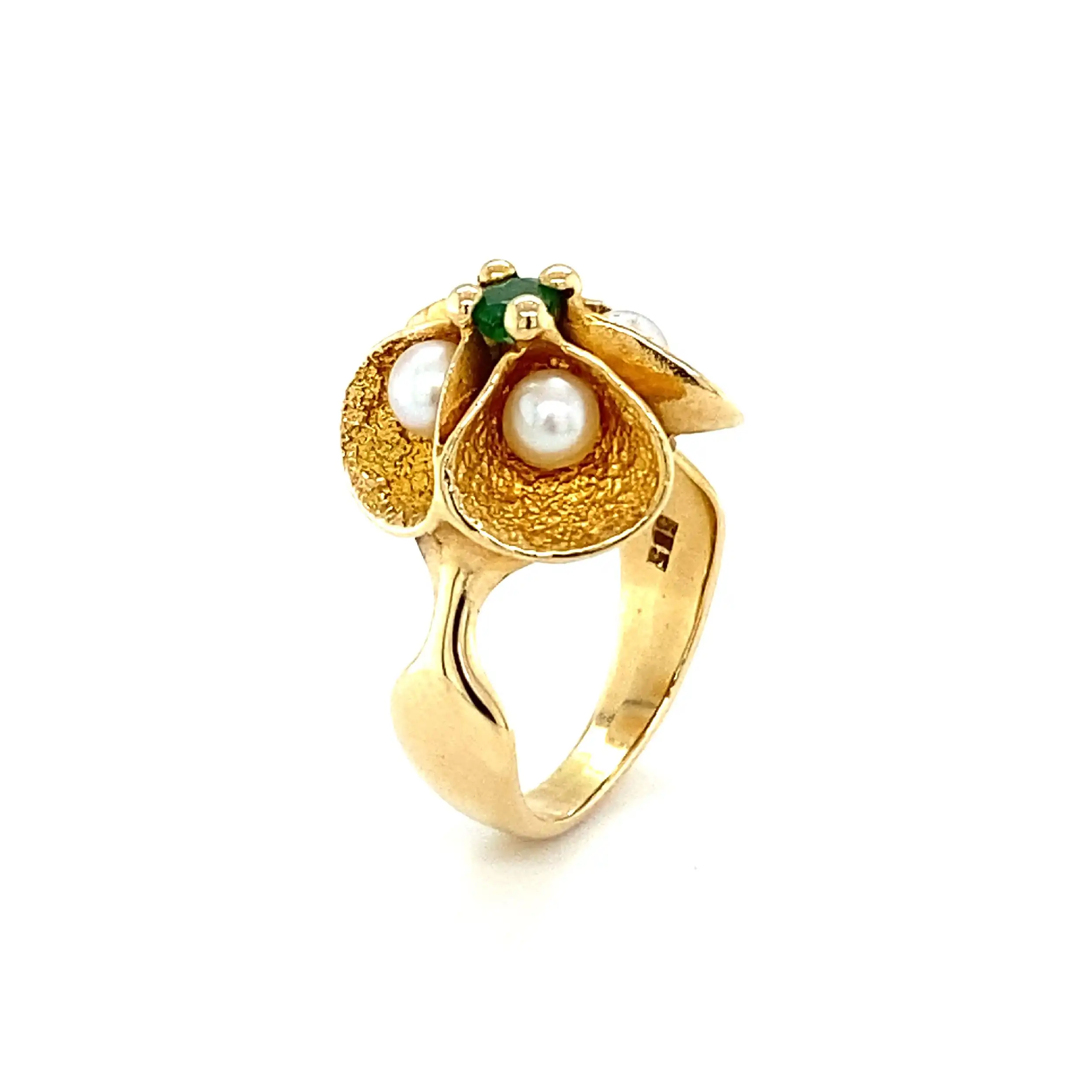 Ring Gelbgold mit Perlen & grünem Farbstein