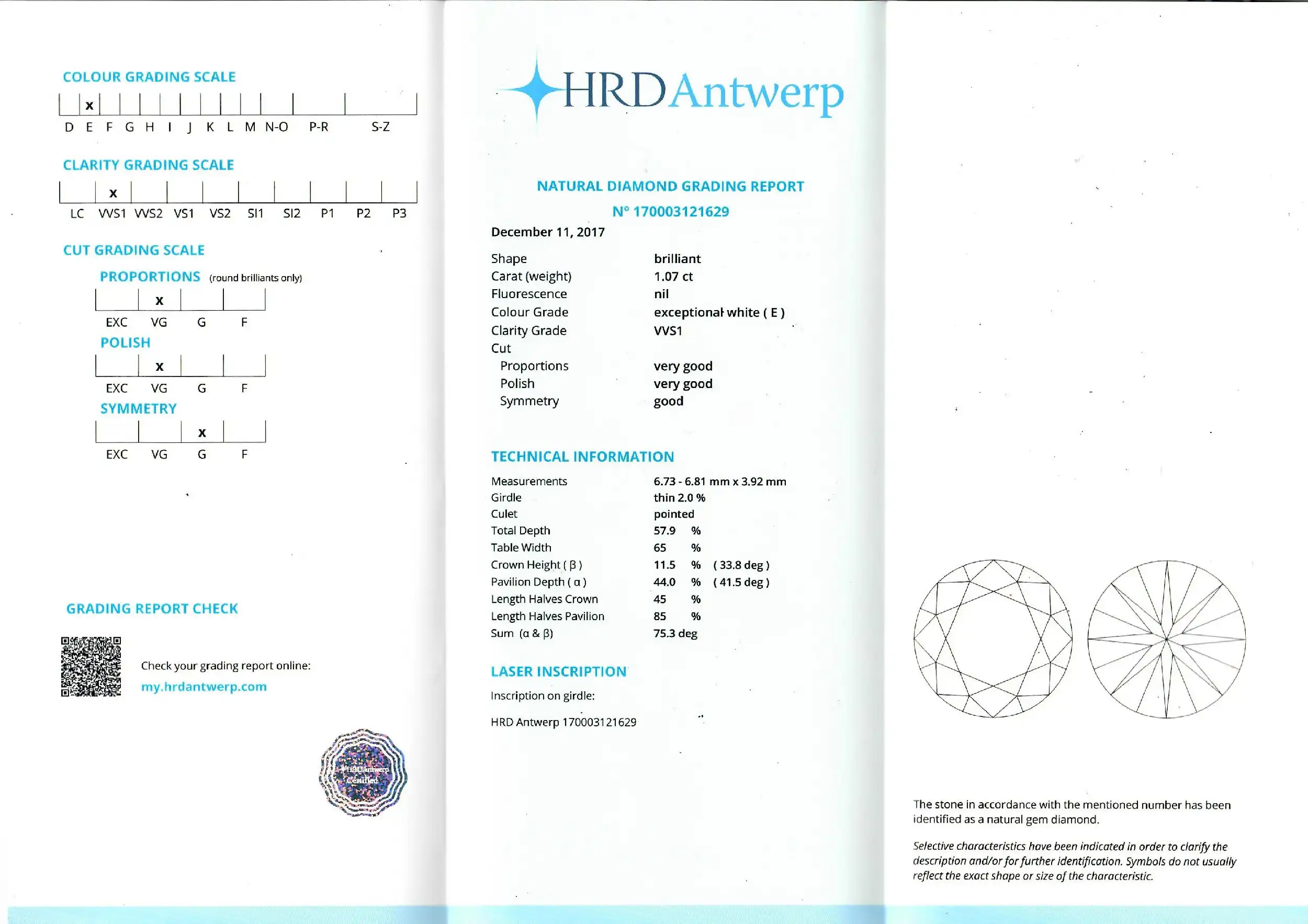 Loser Solitär Brillant mit Expertise HRD 1,07 ct R(E)/VVS1 Loser Solitär Brillant mit Expertise HRD 1,07 ct R(E)/VVS1