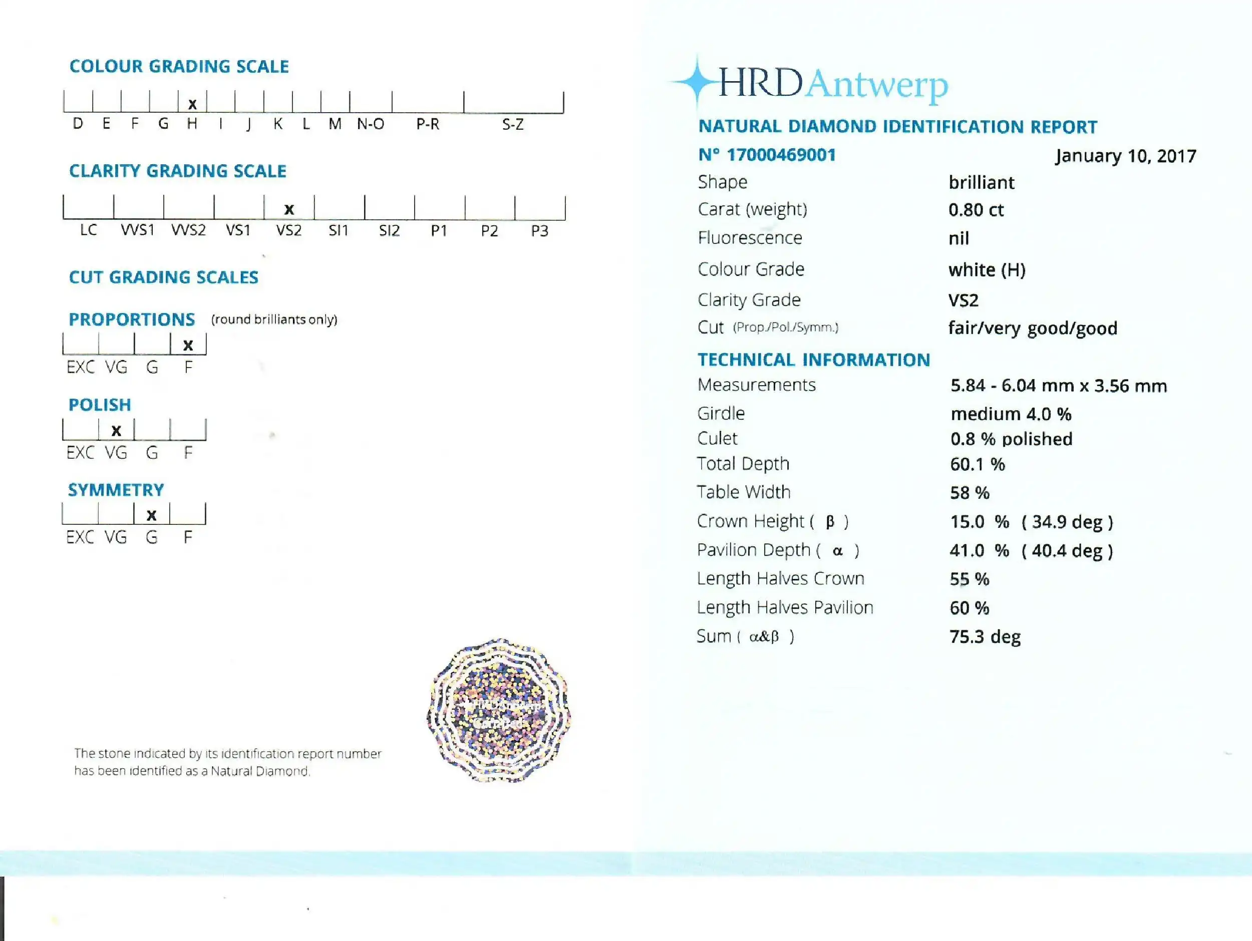 Loser Brillant 0,80ct W(H)/VS2 mit HRD Expertise Loser Brillant 0,80ct W(H)/VS2 mit HRD Expertise