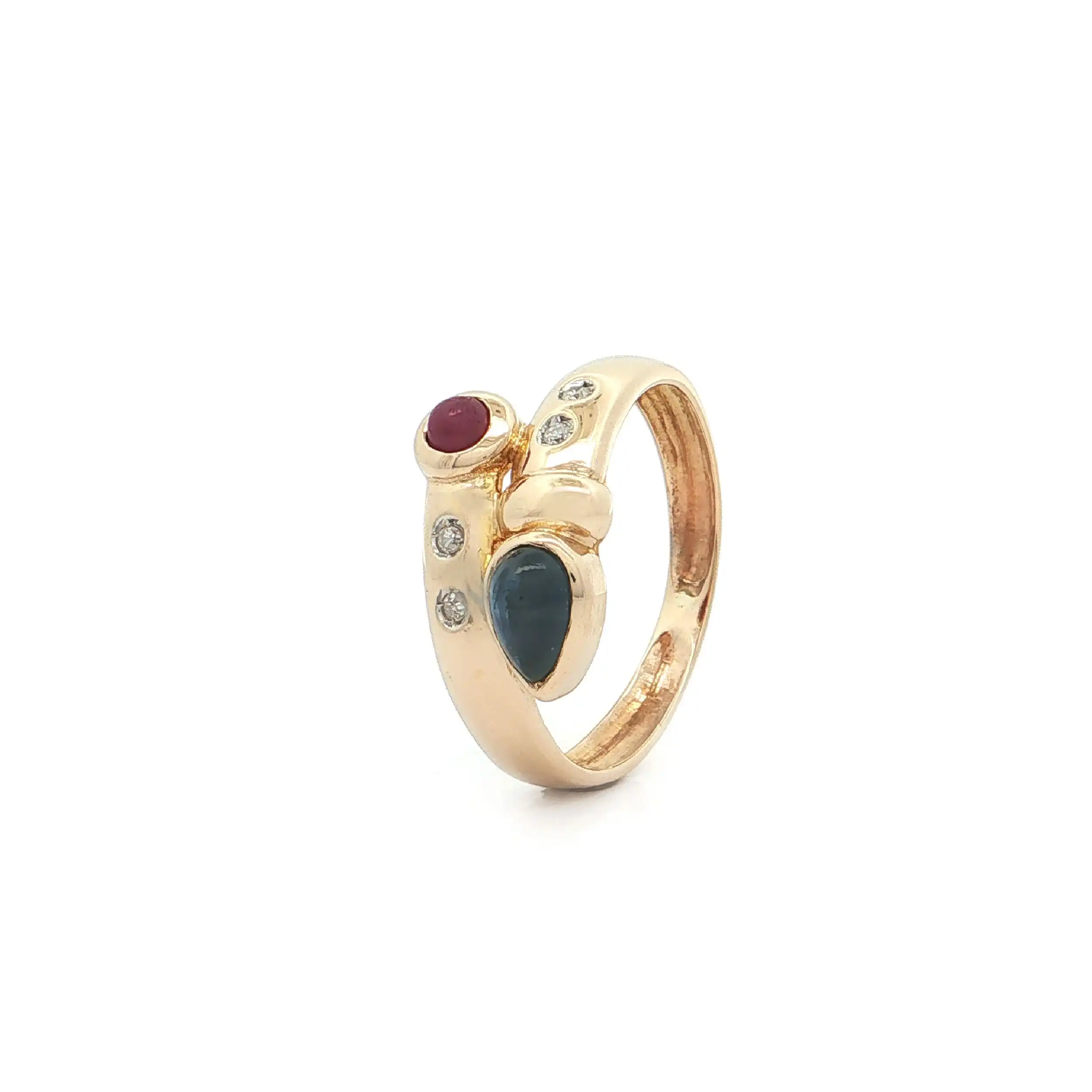 Ring Gelbgold mit Diamanten, Saphir- und Rubin Cabochon