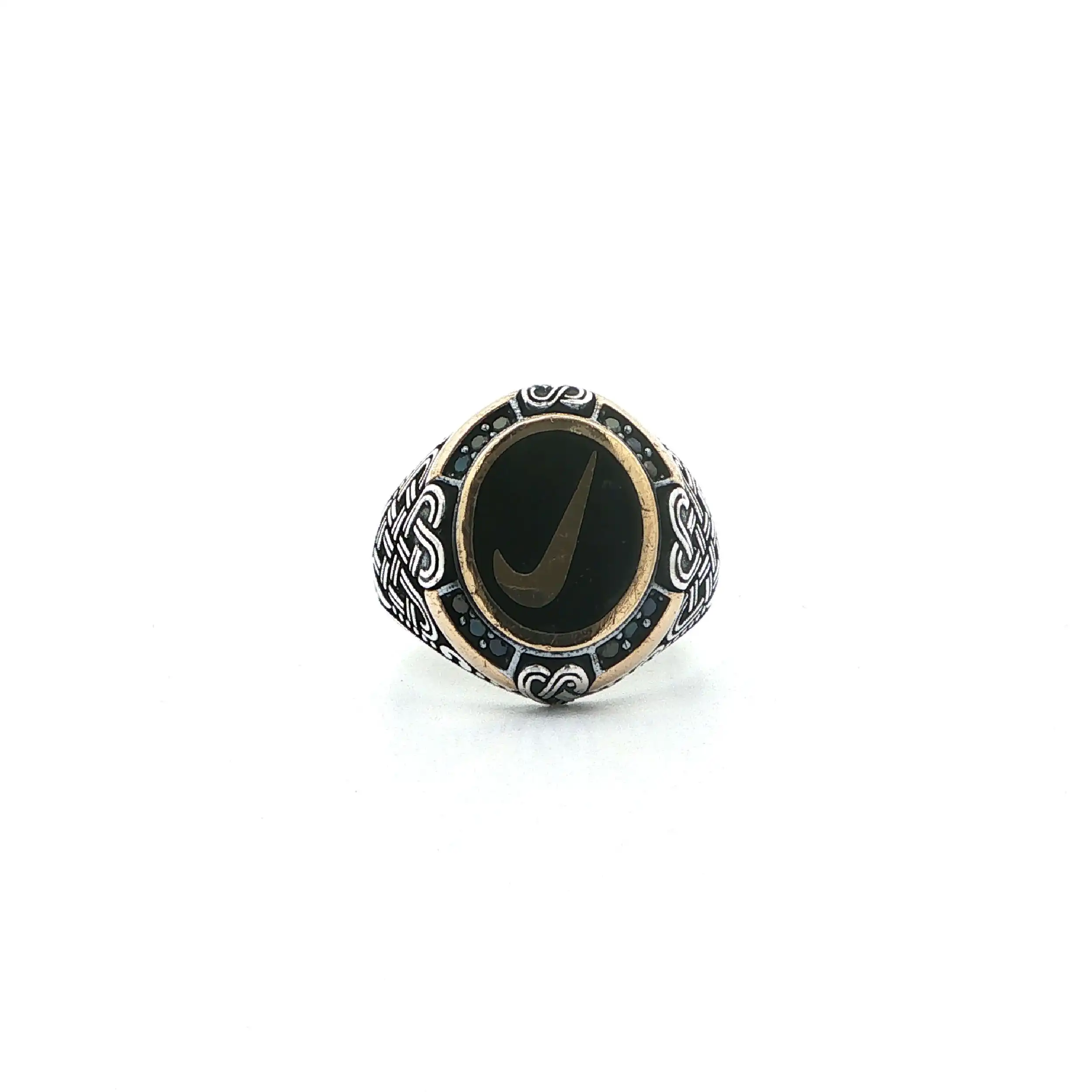 Silberring mit schwarzen Farbsteinen & Nike Emblem