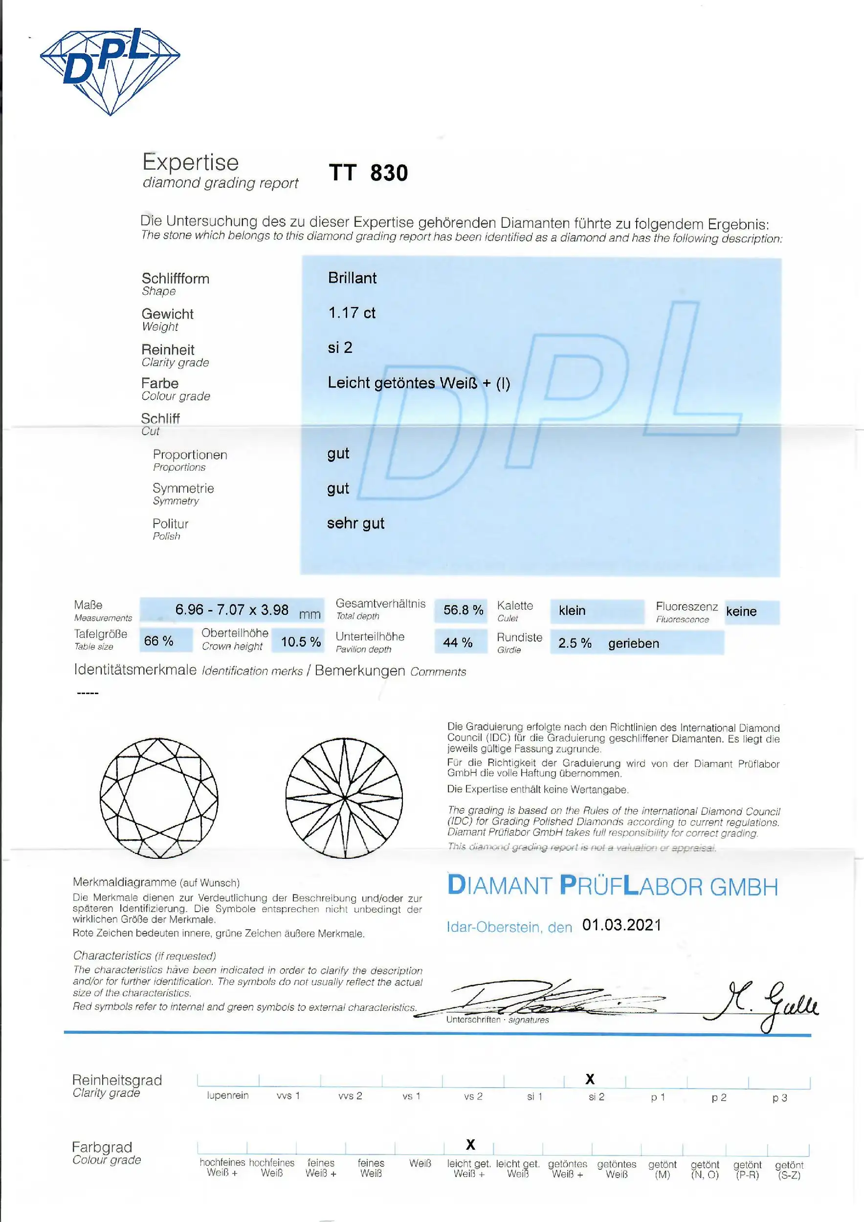 Loser Brillant 1,17ct I/Si2 mit DPL Expertise Loser Brillant 1,17ct I/Si2 mit DPL Expertise