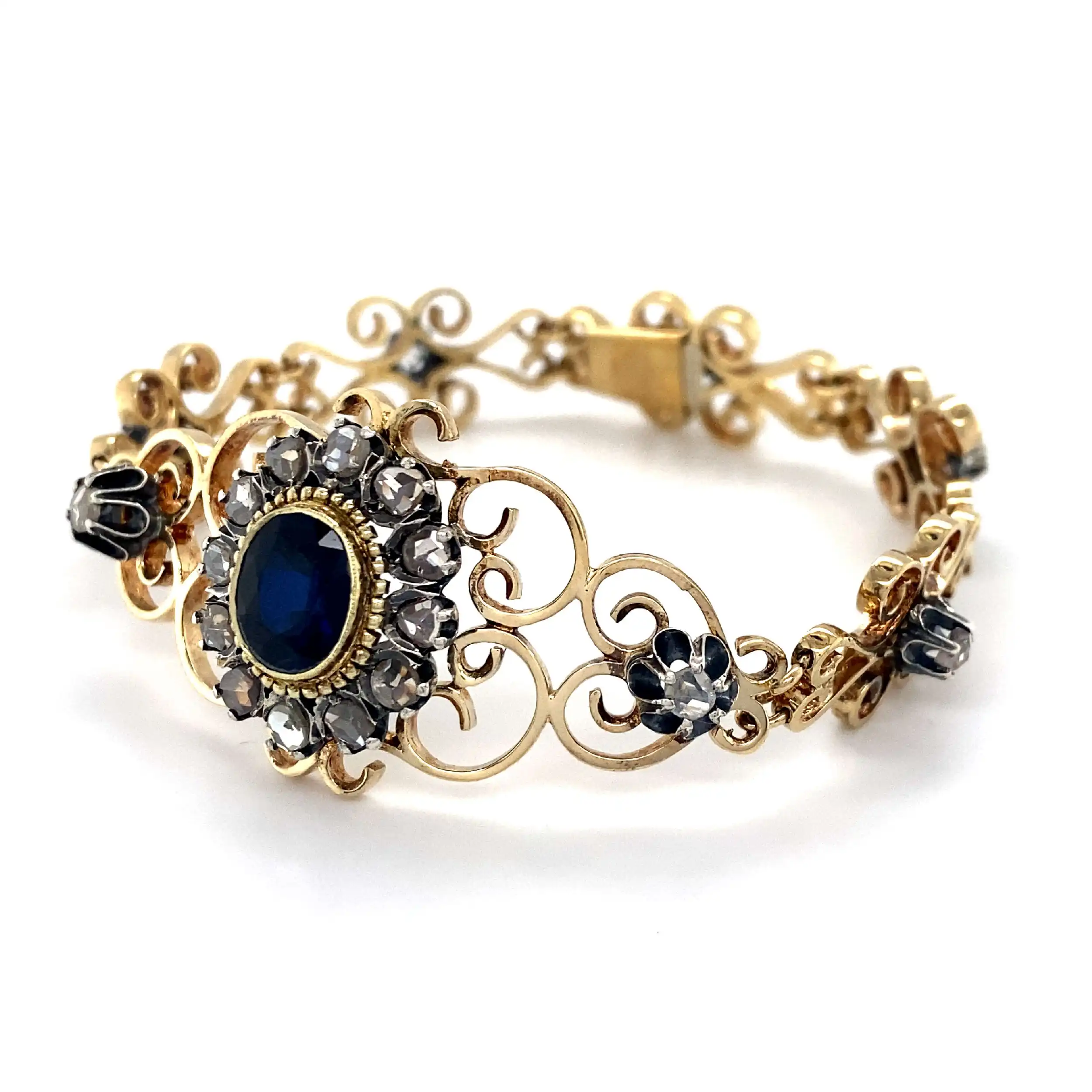 Armband Gelbgold mit Rosen und Saphirdoublette in Silberfasung Armband Gelbgold mit Rosen und Saphirdoublette in Silberfasung