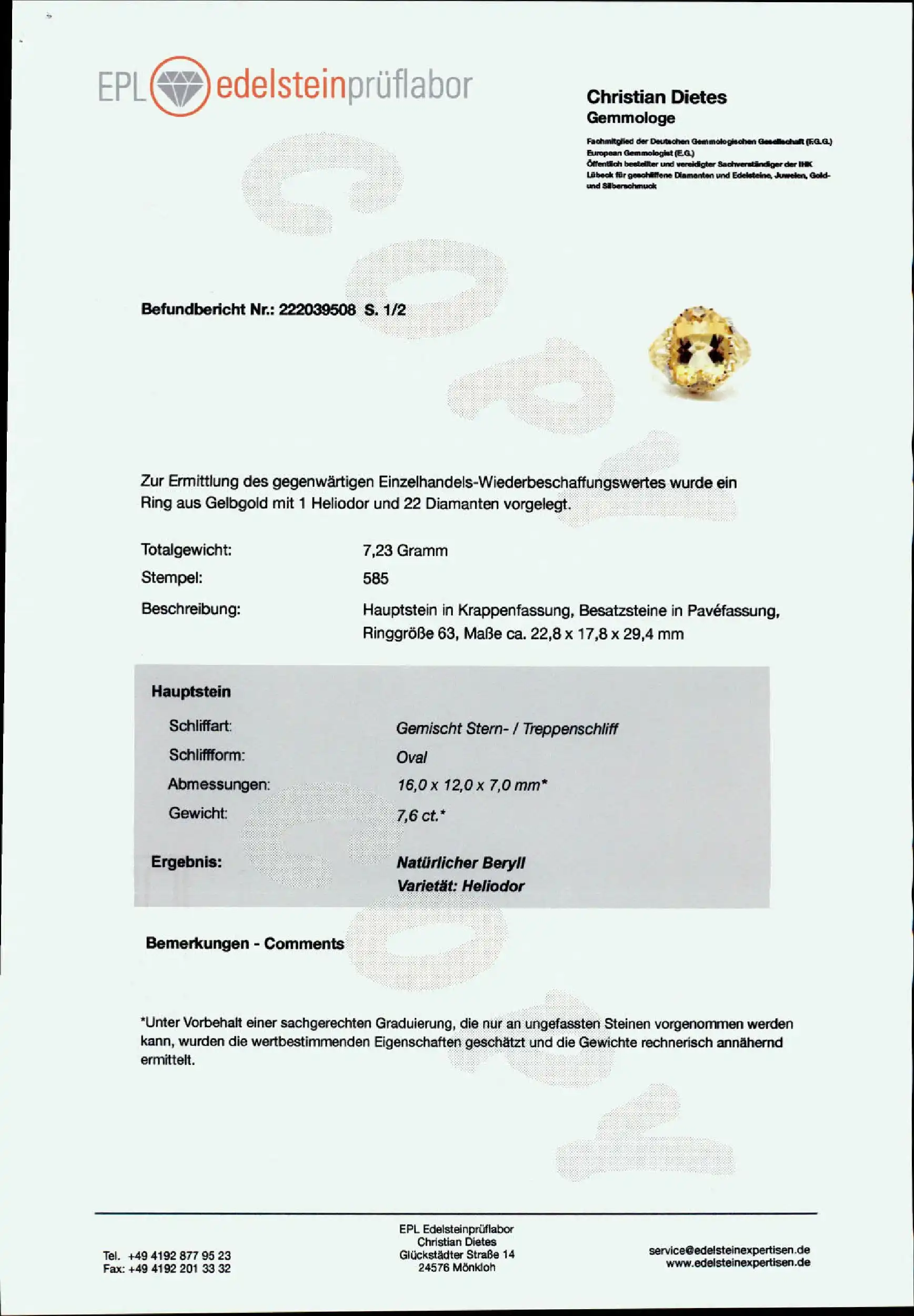 Ring Gelbgold mit Heliodor und Diamanten, mit EPL Expertise Ring Gelbgold mit Heliodor und Diamanten, mit EPL Expertise