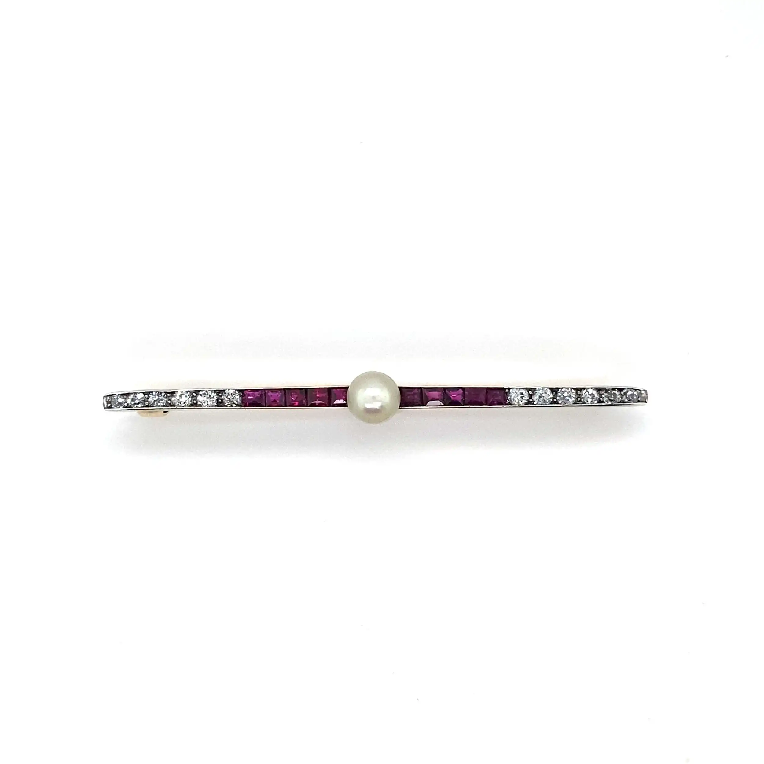 Anstecknadel Bicolor mit Diamanten in Altschliff, rosa Farbsteinen und Perle Anstecknadel Bicolor mit Diamanten in Altschliff, rosa Farbsteinen und Perle
