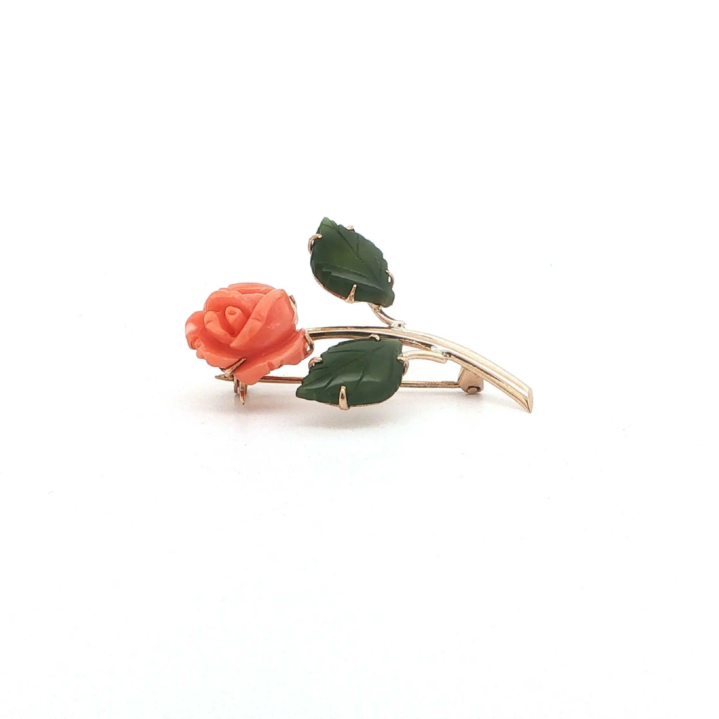 Nadel Gelbgold "Rose" mit Koralle & Nephrit-Jade