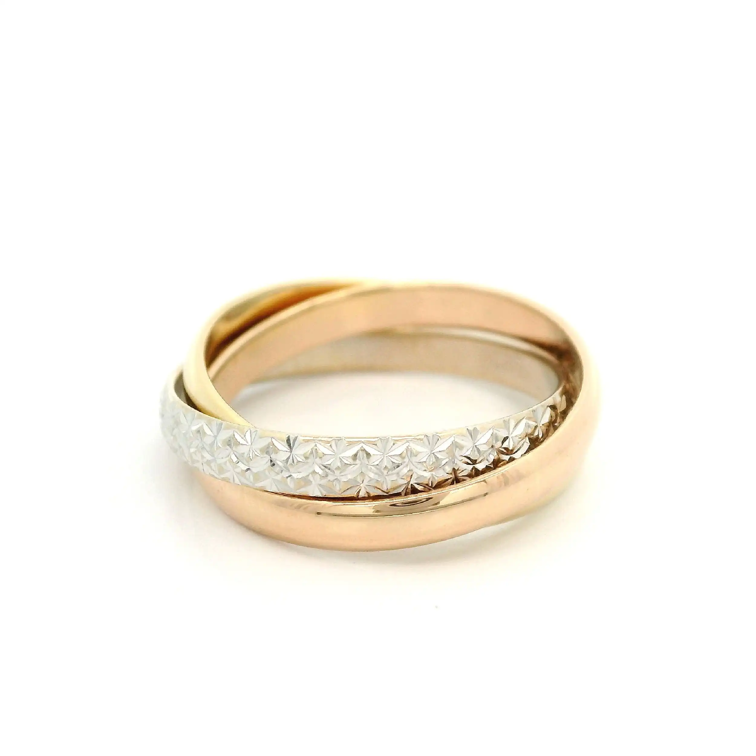 Trinityring Tricolor mit Brillanten, graviert mit 0,21 ct FL-W Trinityring Tricolor mit Brillanten, graviert mit 0,21 ct FL-W