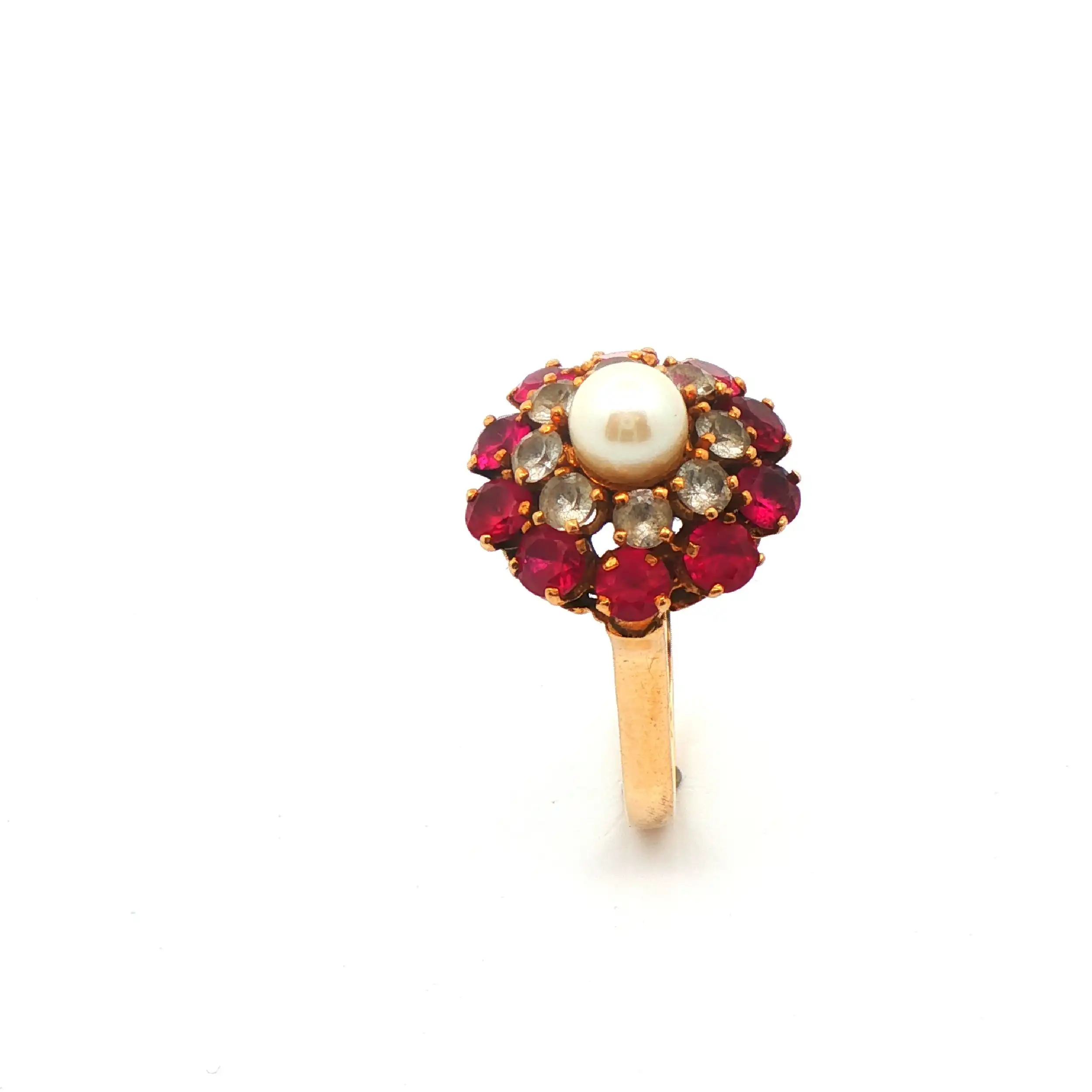 Ring Gelbgold mit Perle und weiß/rote Farbsteine
