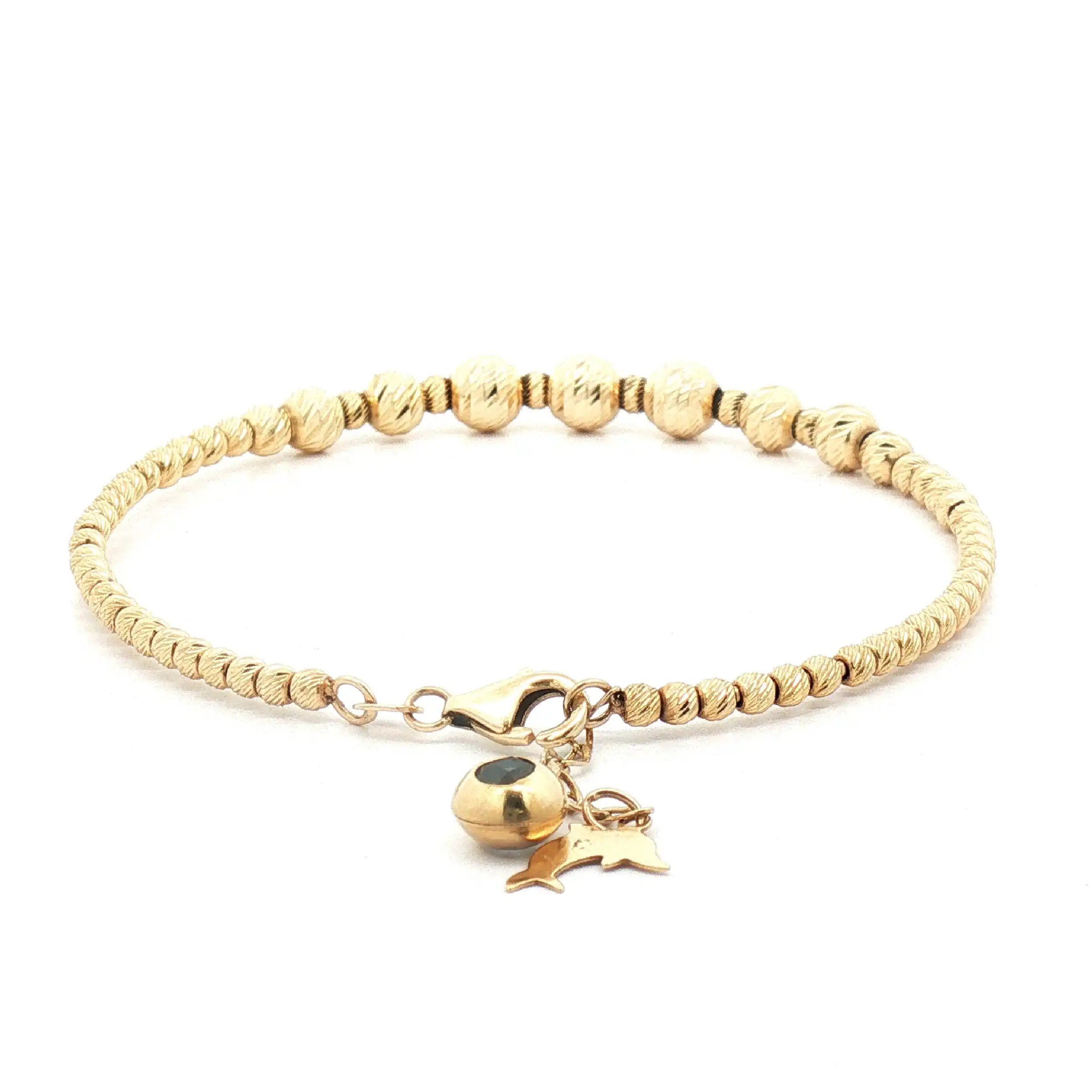 Armreif Gelbgold mit diamantierten Kugeln, Zirkonia und Delfinahänger Armreif Gelbgold mit diamantierten Kugeln, Zirkonia und Delfinahänger