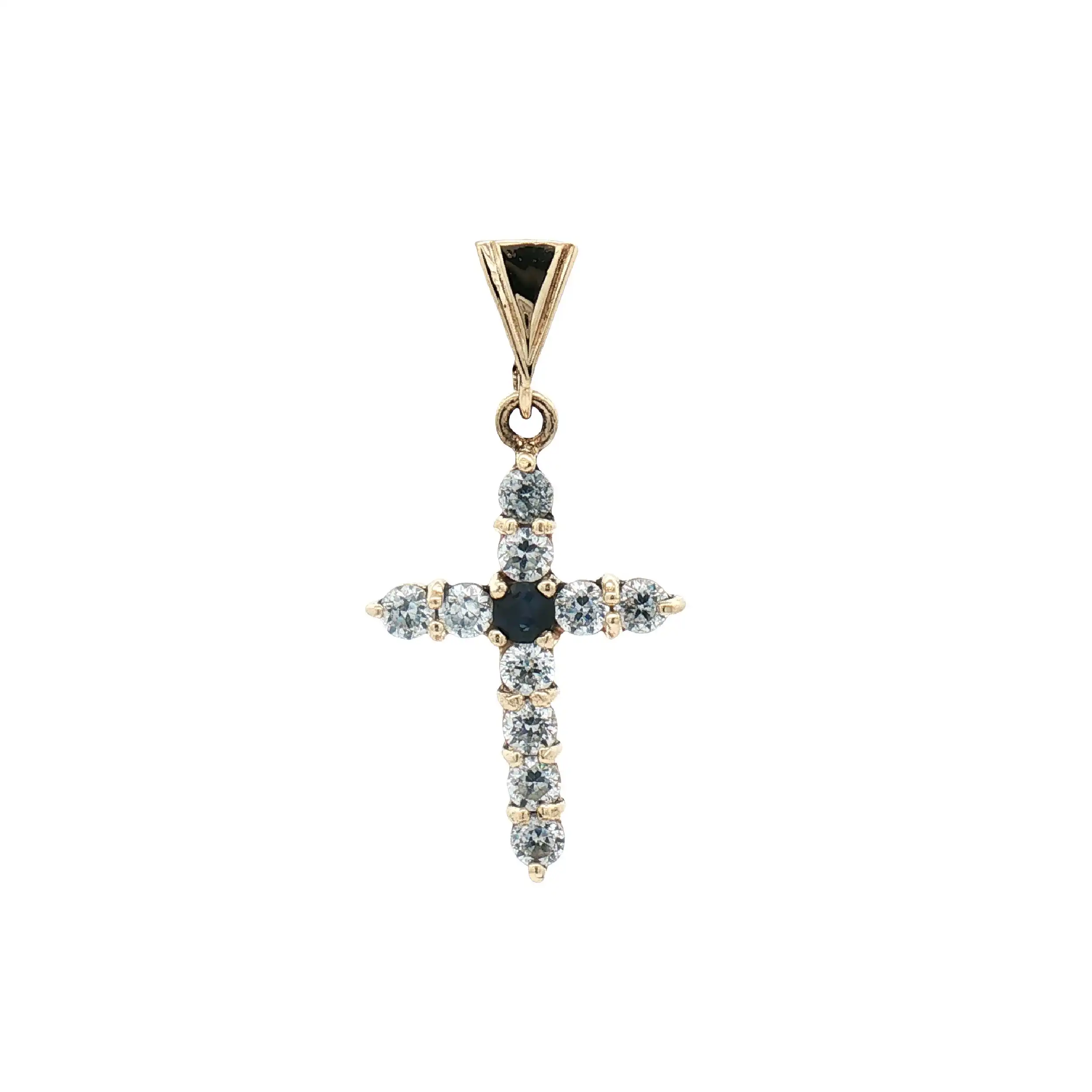 Kreuzanhänger Gelbgold mit Zirkonia und blauen Farbstein