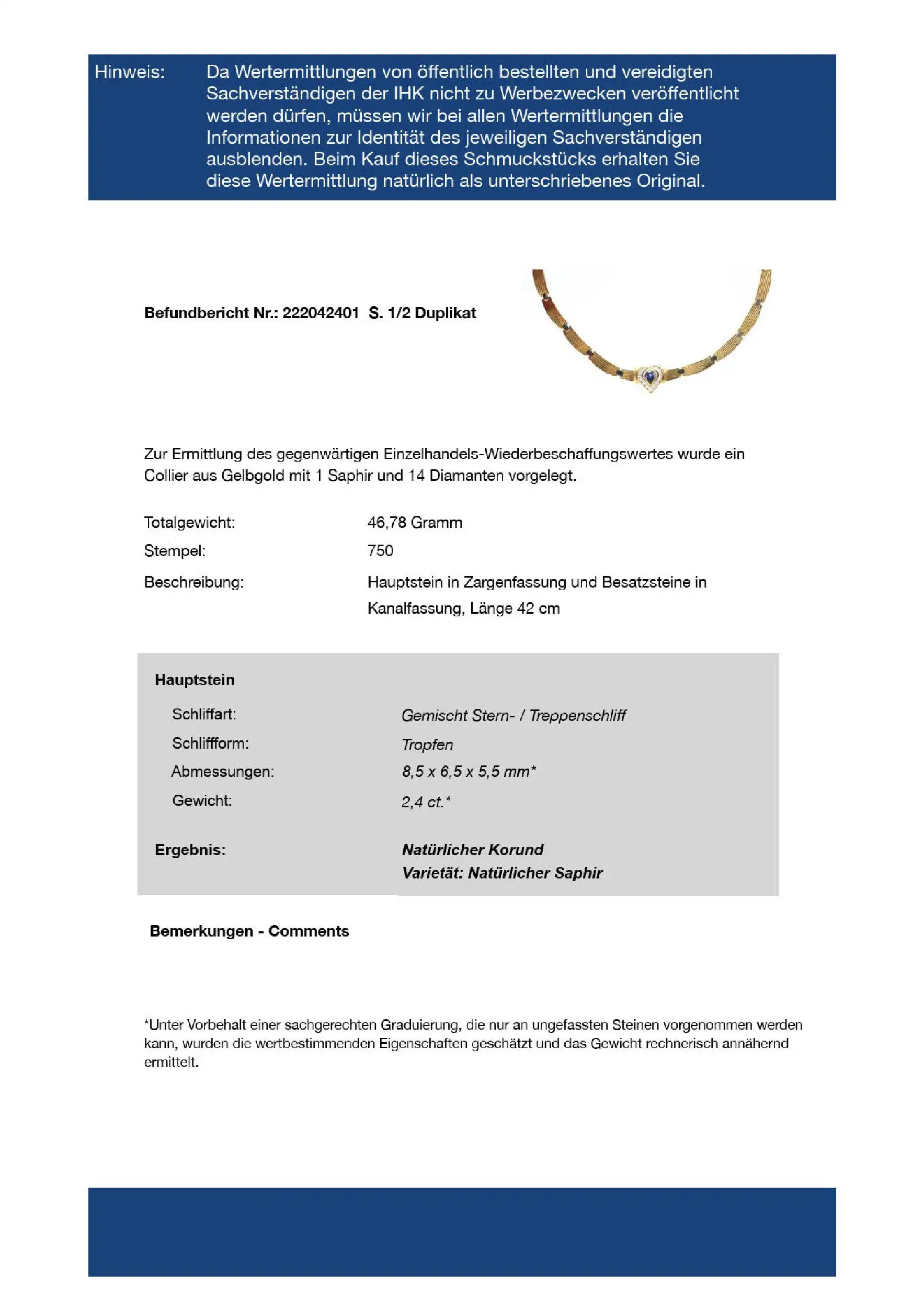 Collier Gelbgold mit Saphir und Brillanten, mit Befundbericht von EPL Collier Gelbgold mit Saphir und Brillanten, mit Befundbericht von EPL