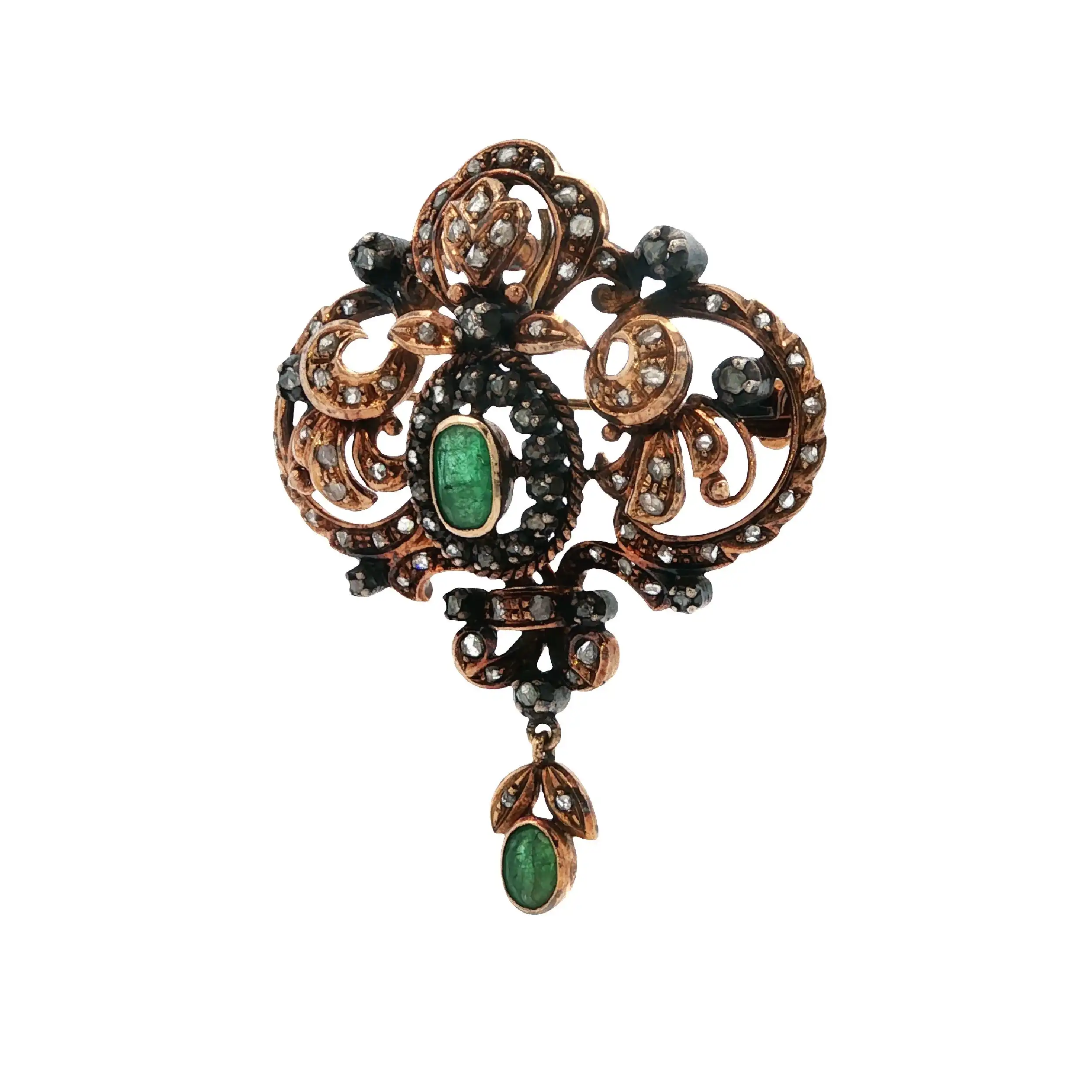 Brosche/Anhänger "Belle Époque" um 1900 mit Diamantrosen und Smaragden