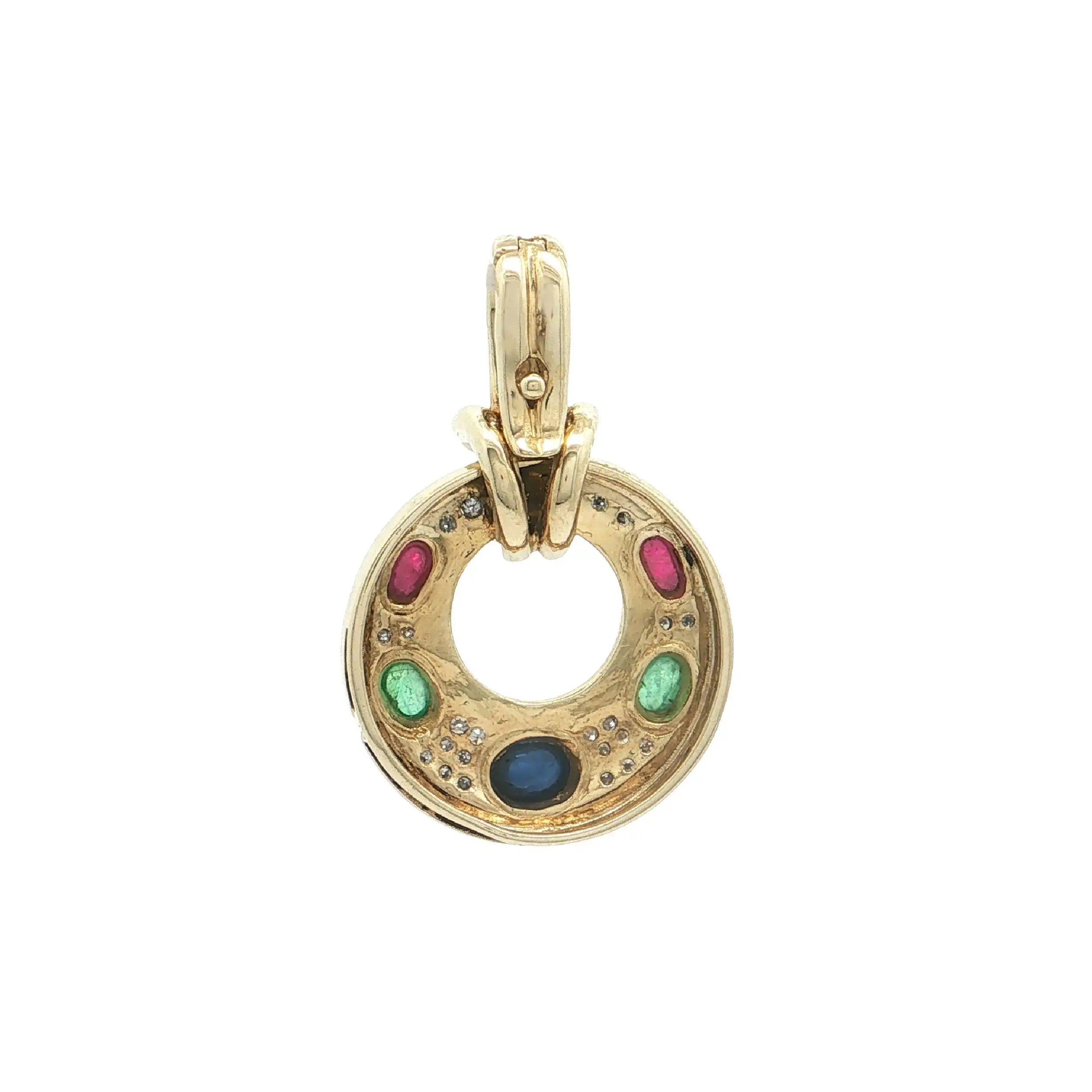 Anhänger Gelbgold mit Saphir, Smaragden und Rubinen im Cabouchonschliff mit Brillanten Anhänger Gelbgold mit Saphir, Smaragden und Rubinen im Cabouchonschliff mit Brillanten