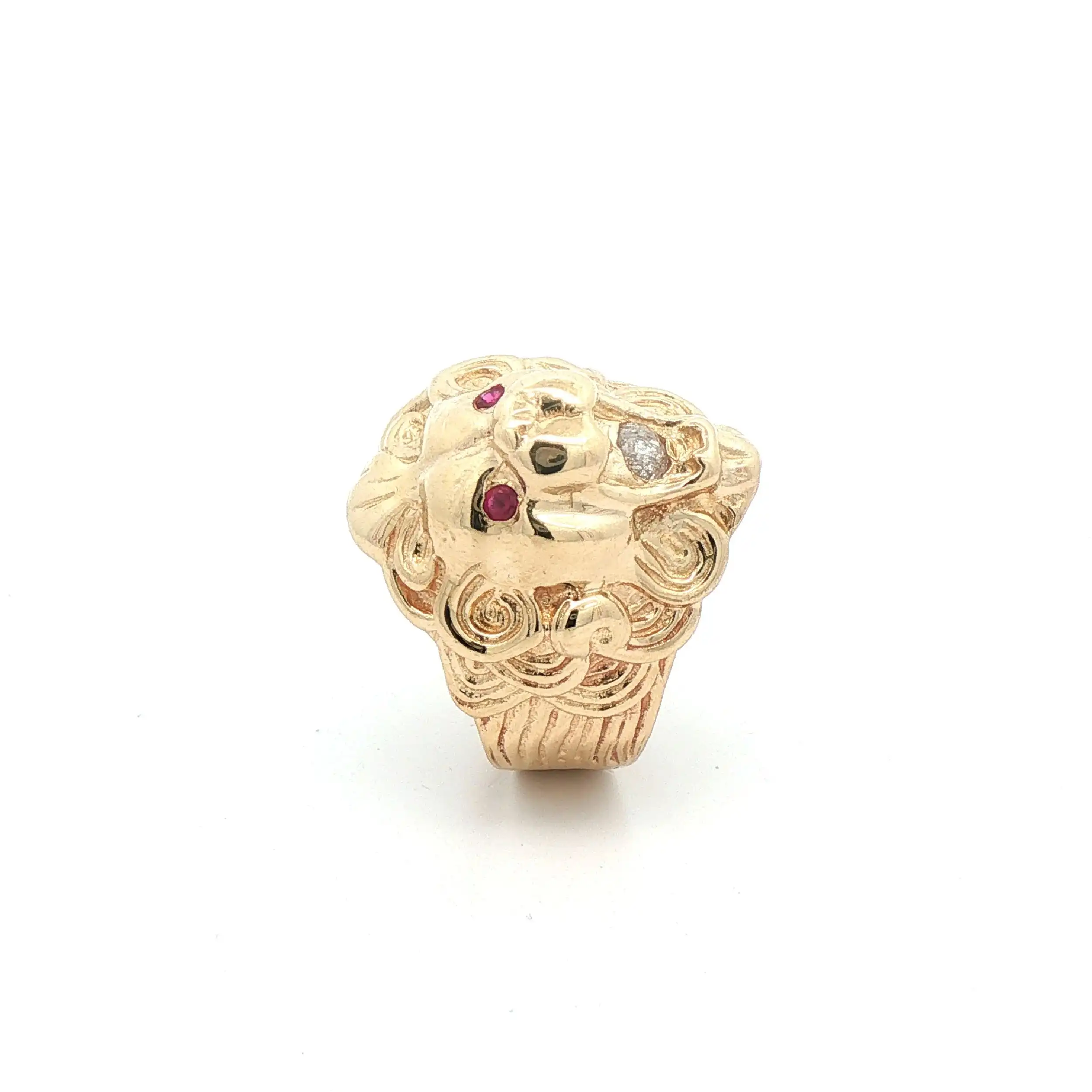 Herrenring Gelbgold Löwenkopf mit Rubinen und Zirkonia