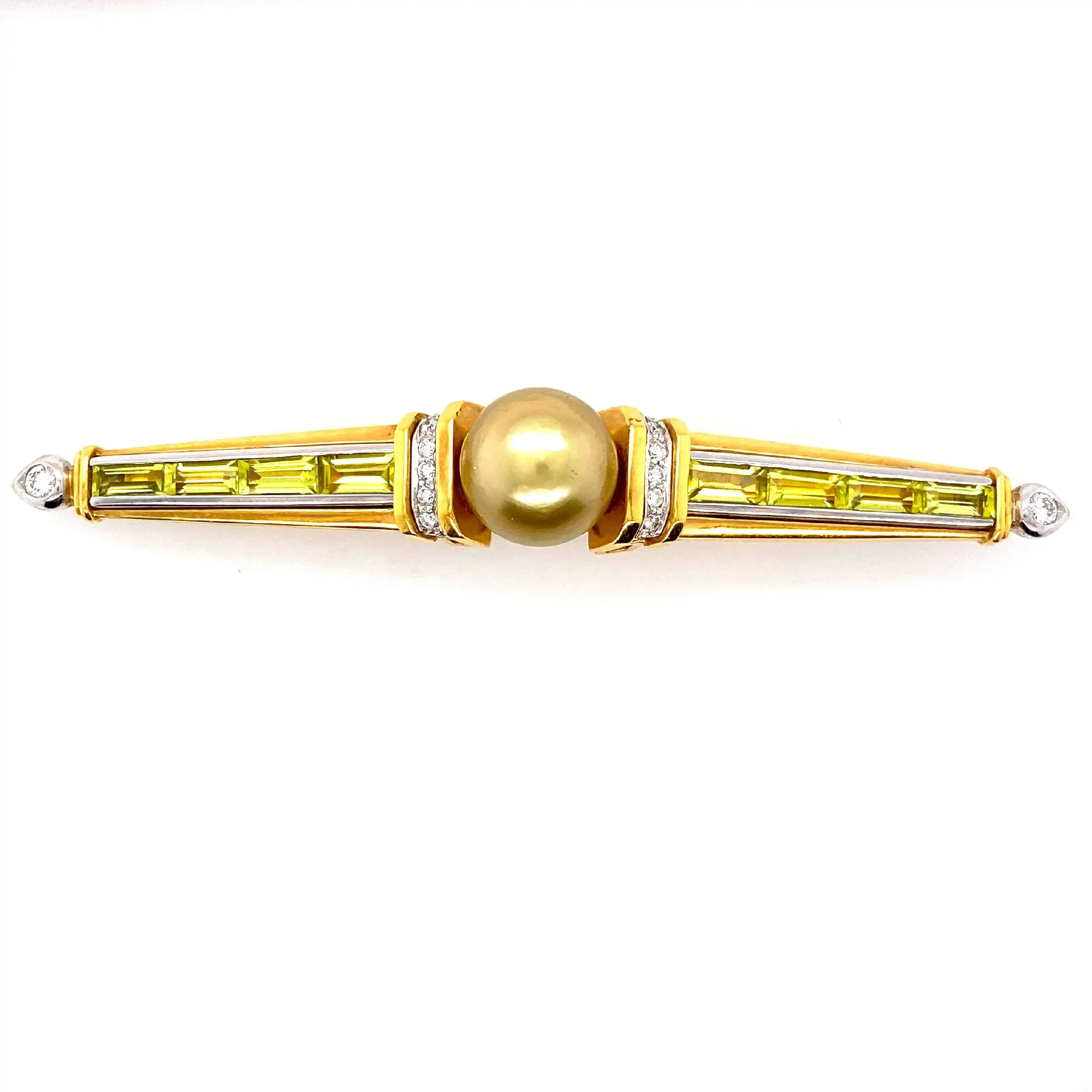 Brosche Gelbgold mit Perle, Peridot und Brillant Brosche Gelbgold mit Perle, Peridot und Brillant