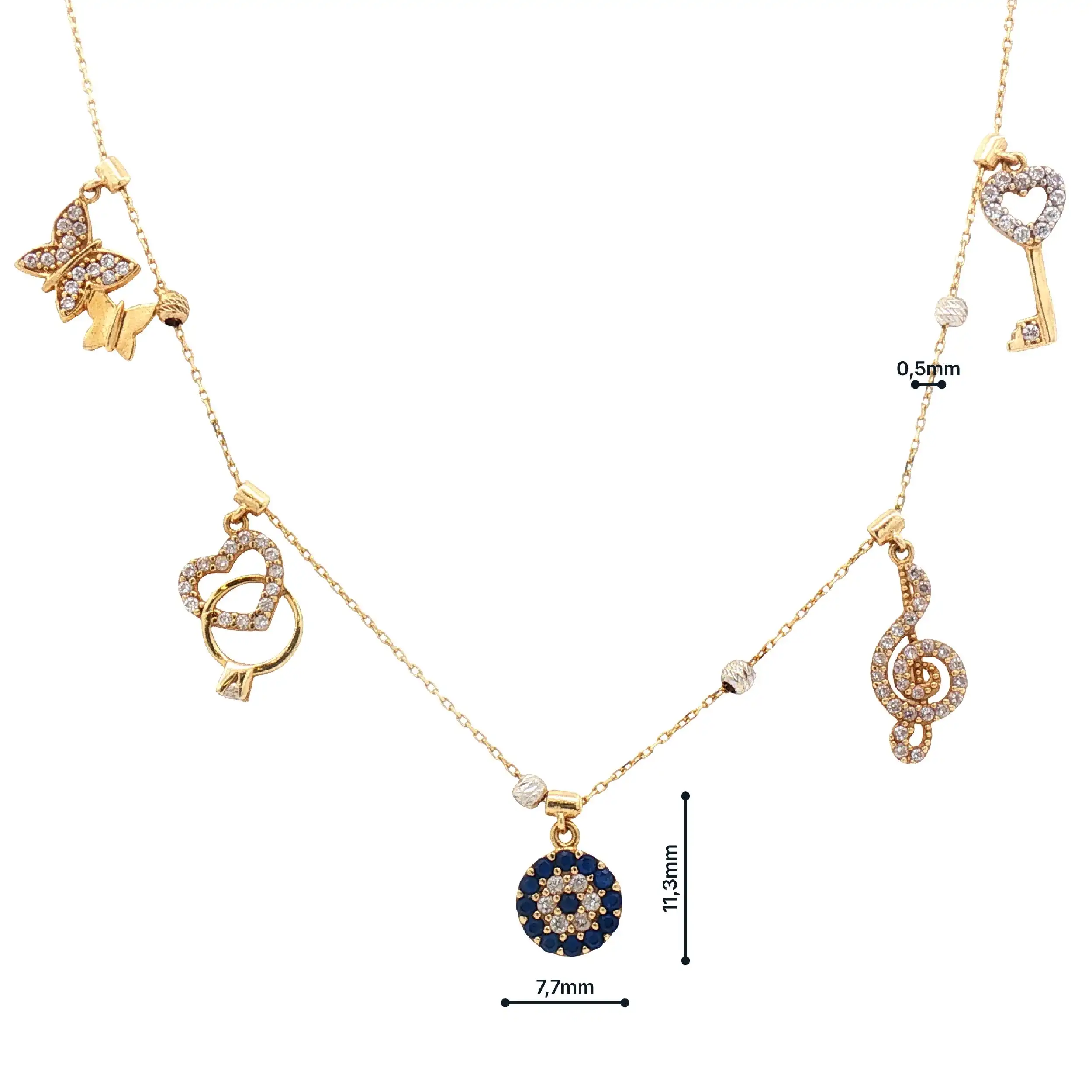 Ankerkette Gelbgold mit Anhängern und Zirkonia