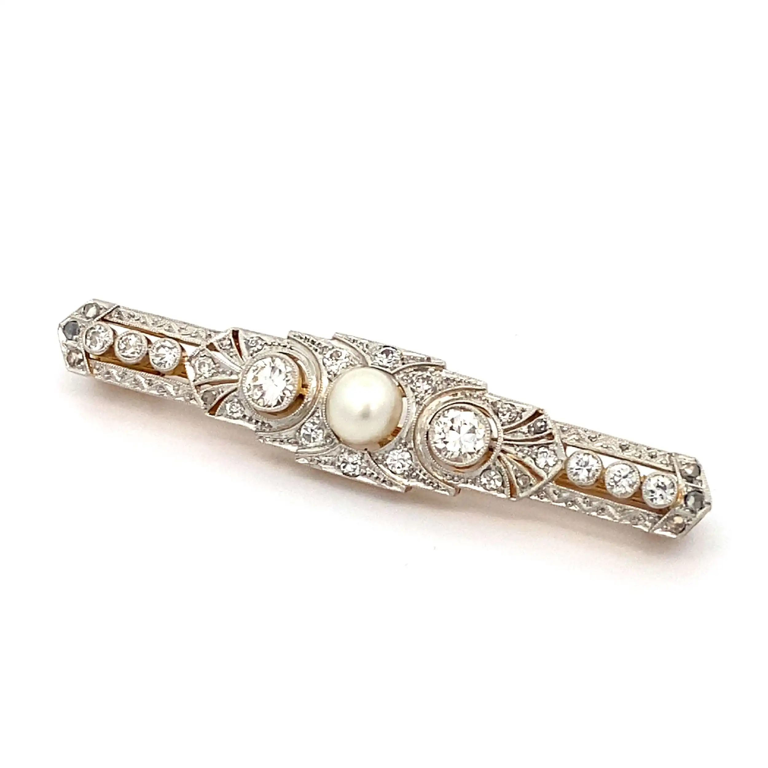 Brosche Artdeco Bicolor mit Perle, Diamanten, Rosen und Brillanten Brosche Artdeco Bicolor mit Perle, Diamanten, Rosen und Brillanten